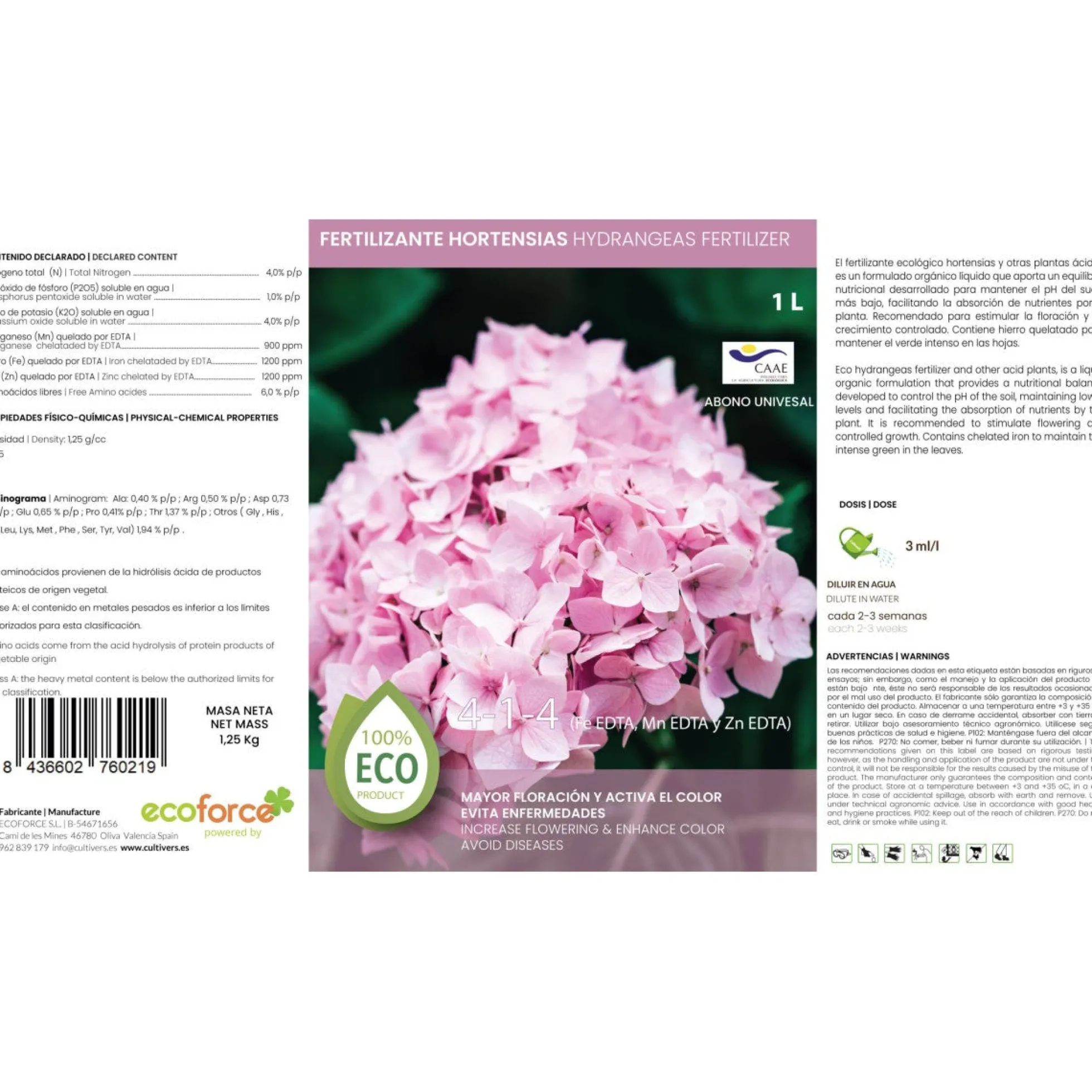 Abono Hortensias Líquido Ecológico Cultivers 10 L