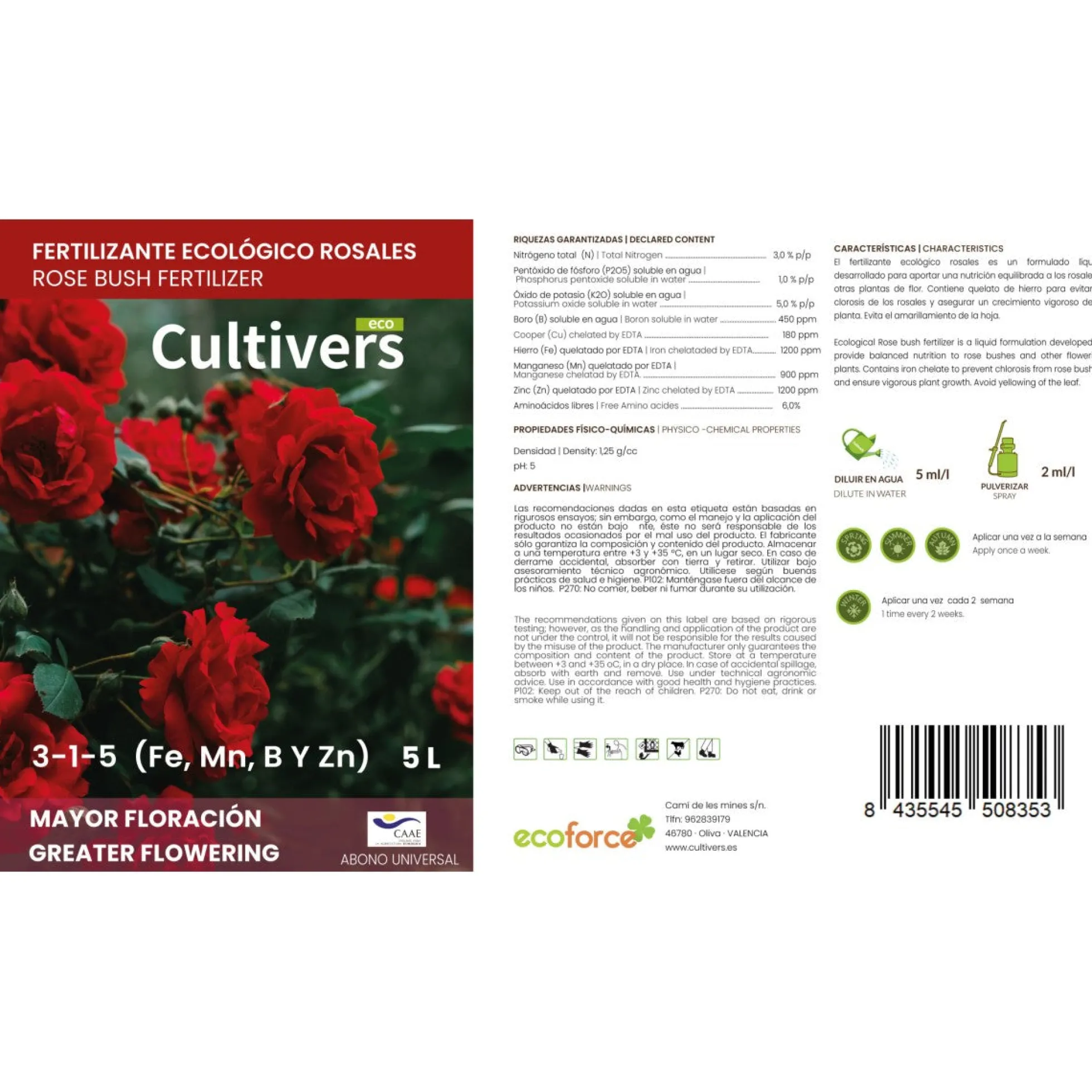 Abono Rosales Líquido Ecológico Cultivers 1 L