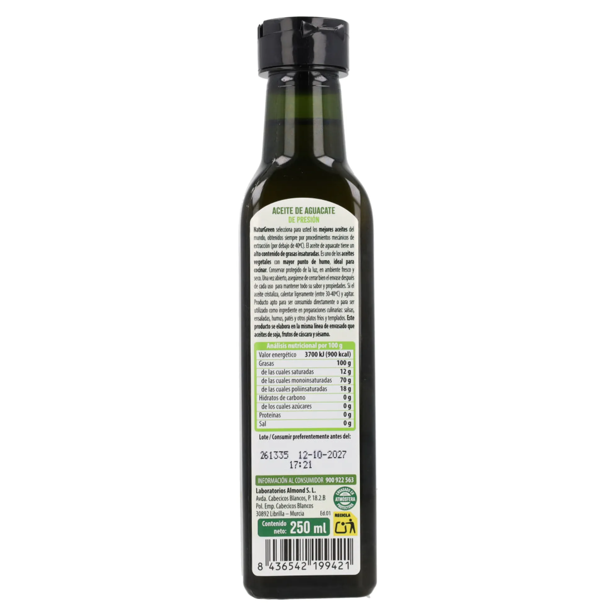 Aceite de Aguacate envase PET NaturGreen 250 ml