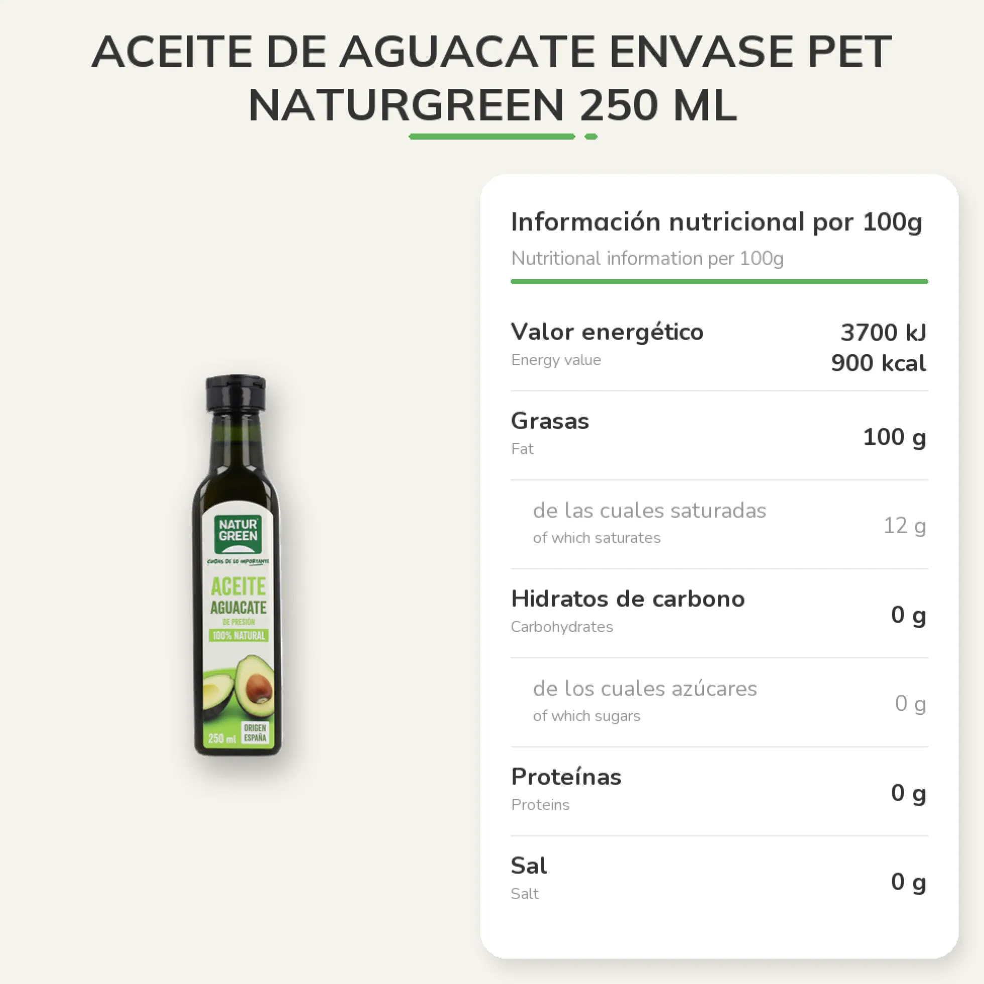 Aceite de Aguacate envase PET NaturGreen 250 ml