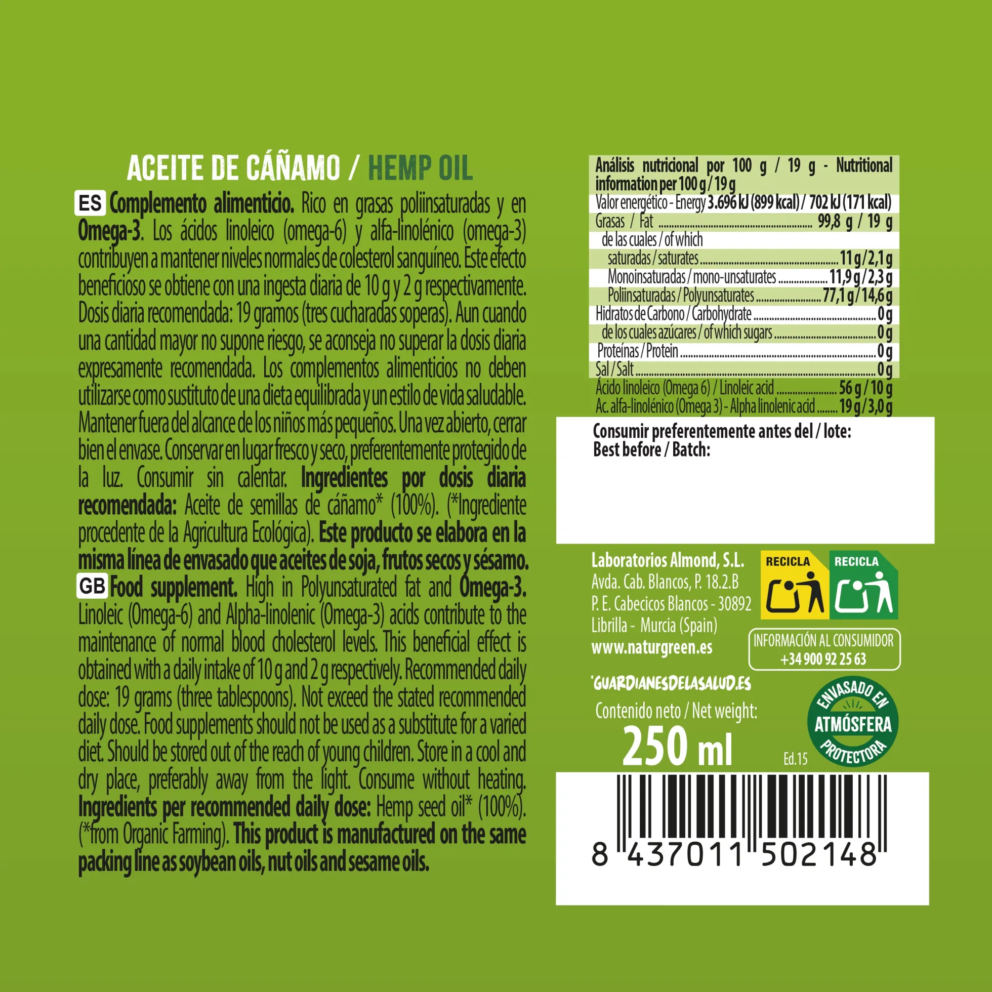 Aceite de Cañamo Bio, NaturGreen 250 ml