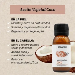 Aceite de Coco Ecológico 100% Puro Labnatur 50 ml | Hidrata y Nutre | Rostro, Cuerpo y Cabello | Vegano