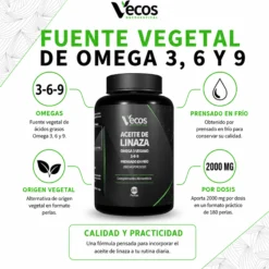 Aceite De Linaza 2000 Mg Vecos 180 Perlas | Corazón, Colesterol Y Antioxidante | Rico En Omega-3 De Origen Vegetal