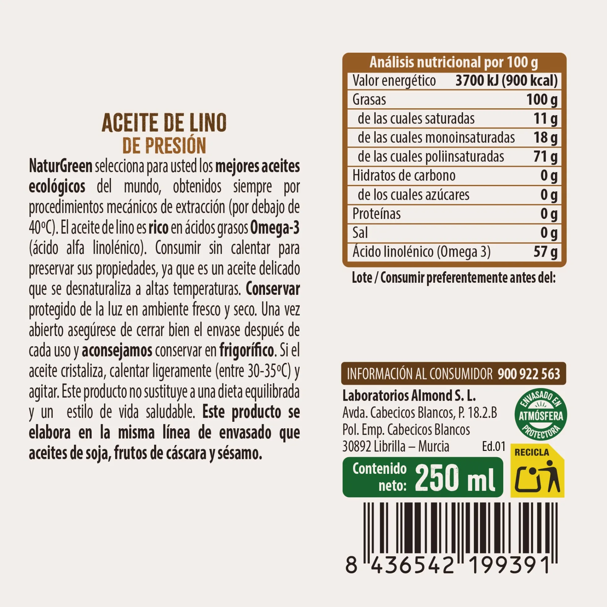 Aceite de Lino Bio envase PET NaturGreen 250 ml