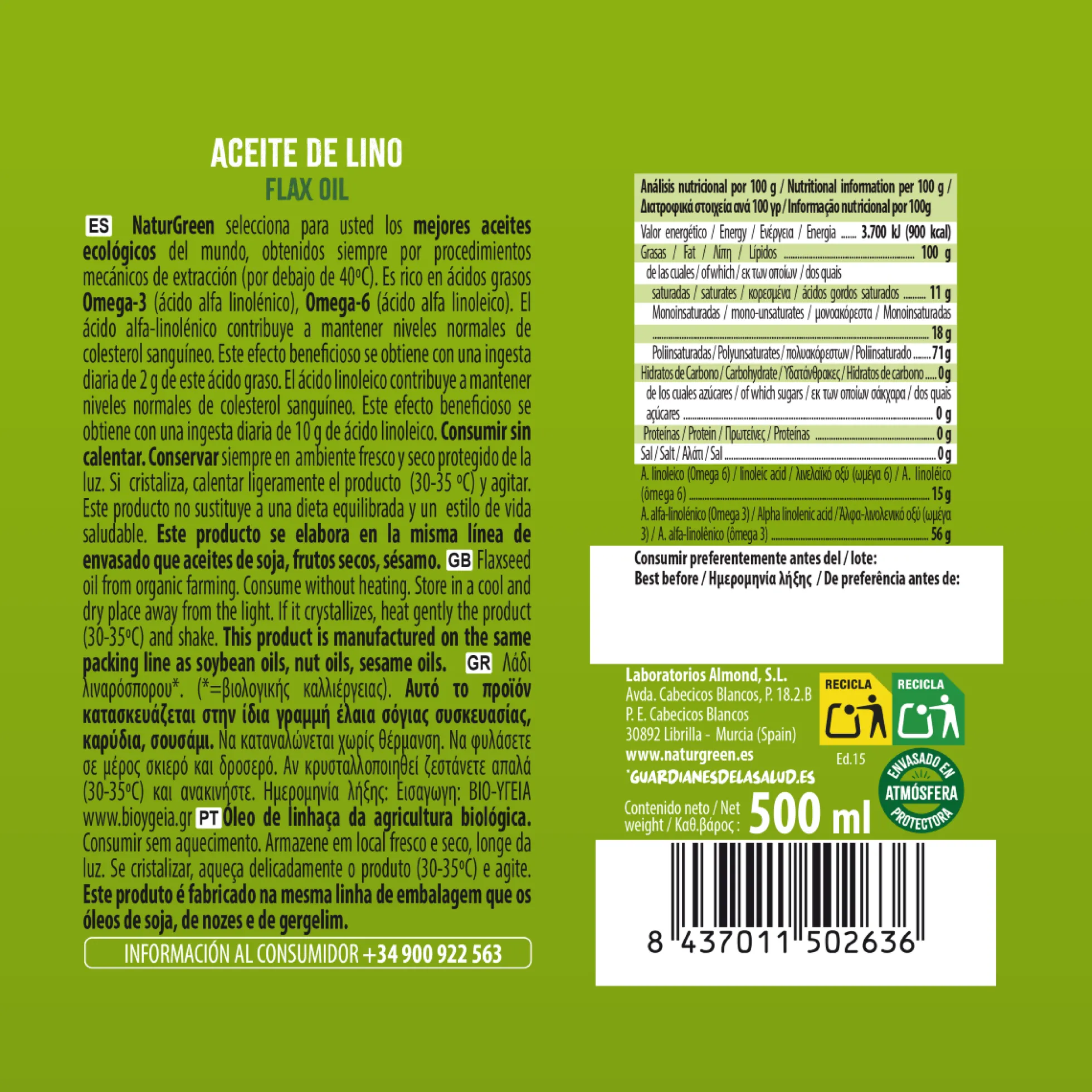 Aceite de Lino BIO NaturGreen 500 ml
