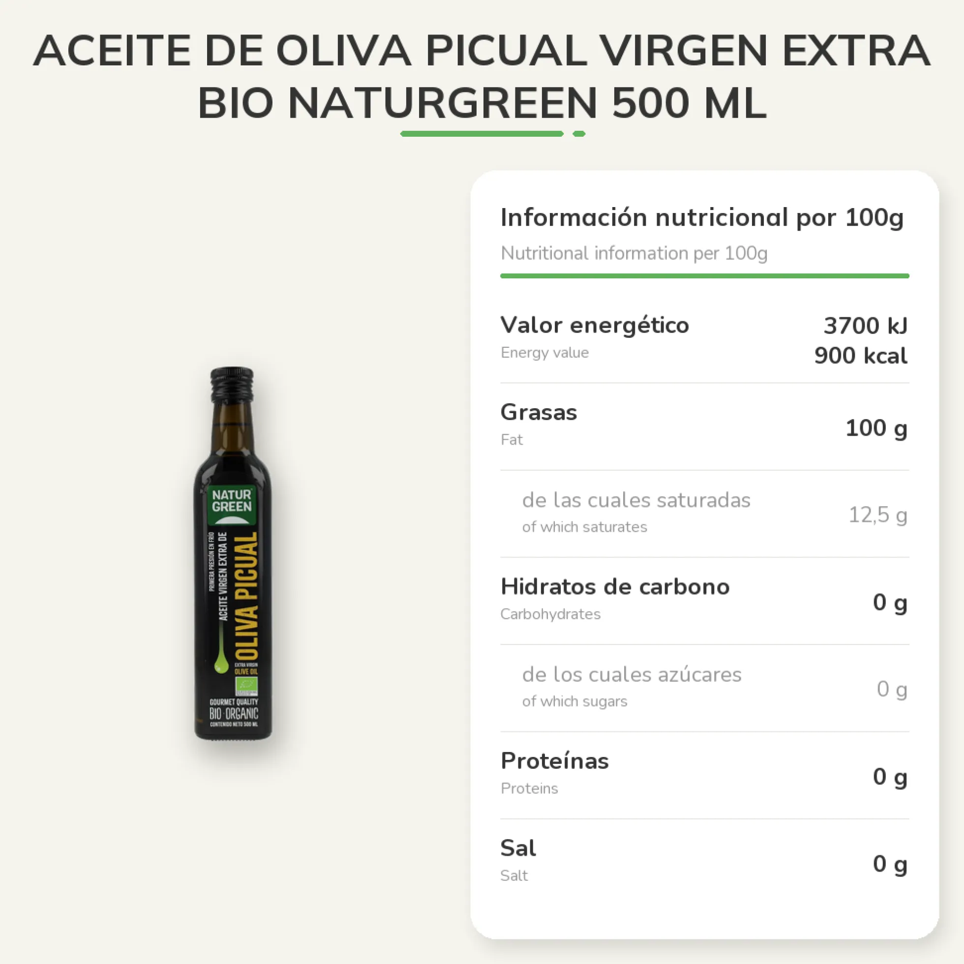 Aceite de Oliva Picual Virgen Extra Bio NaturGreen 500 ml