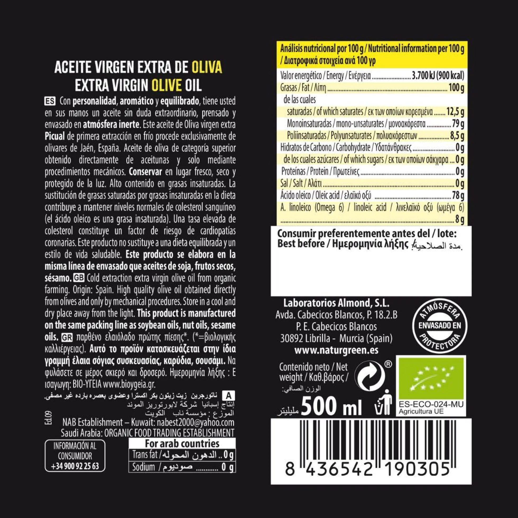 Aceite de Oliva Picual Virgen Extra Bio NaturGreen 500 ml