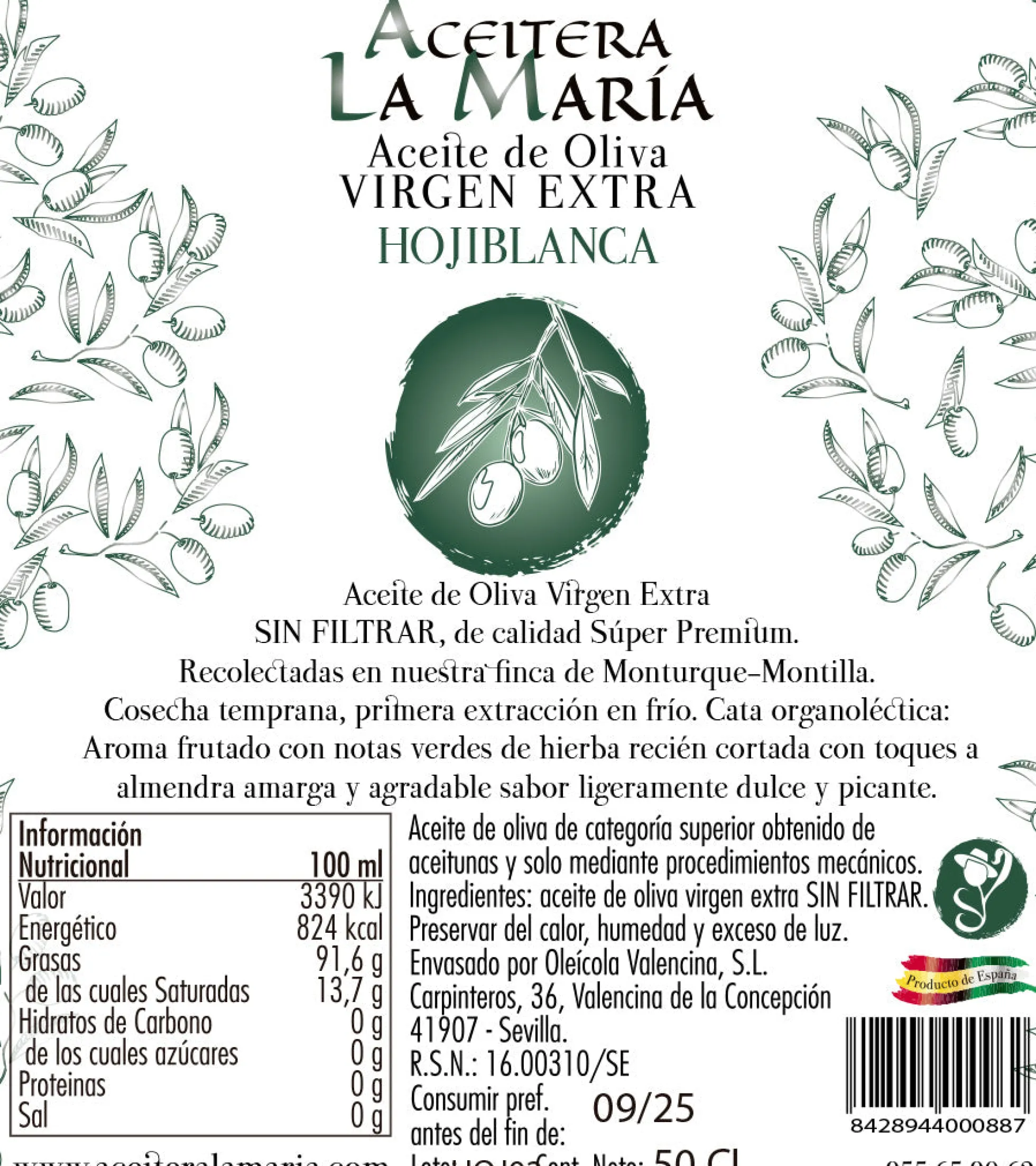 Aceite De Oliva Virgen Extra 50 Cl Cristal Hojiblanca Cosecha 2025-2026