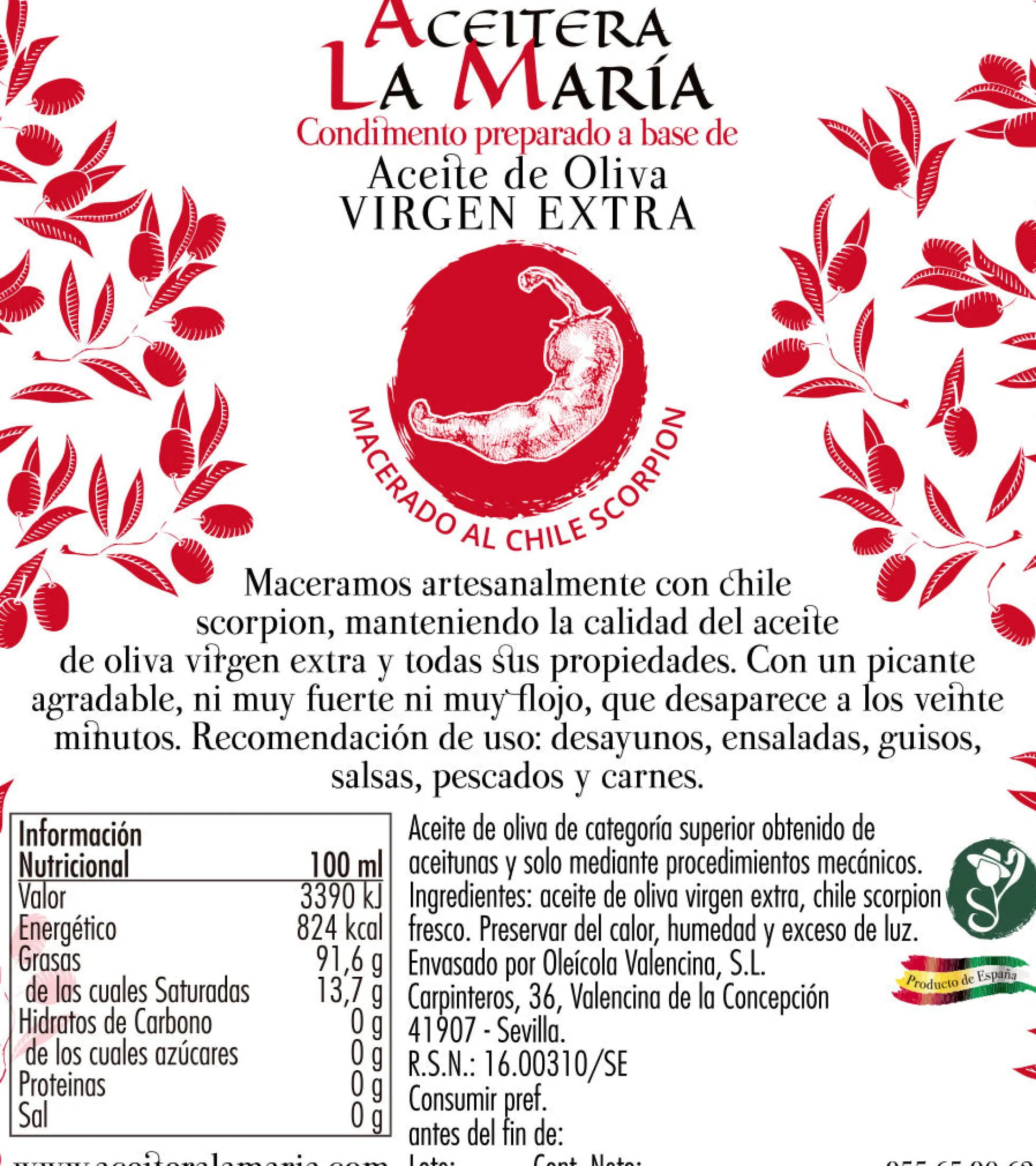 Aceite De Oliva Virgen Extra Macerado Al Chile Scorpion 50 Cl Con Vertedor