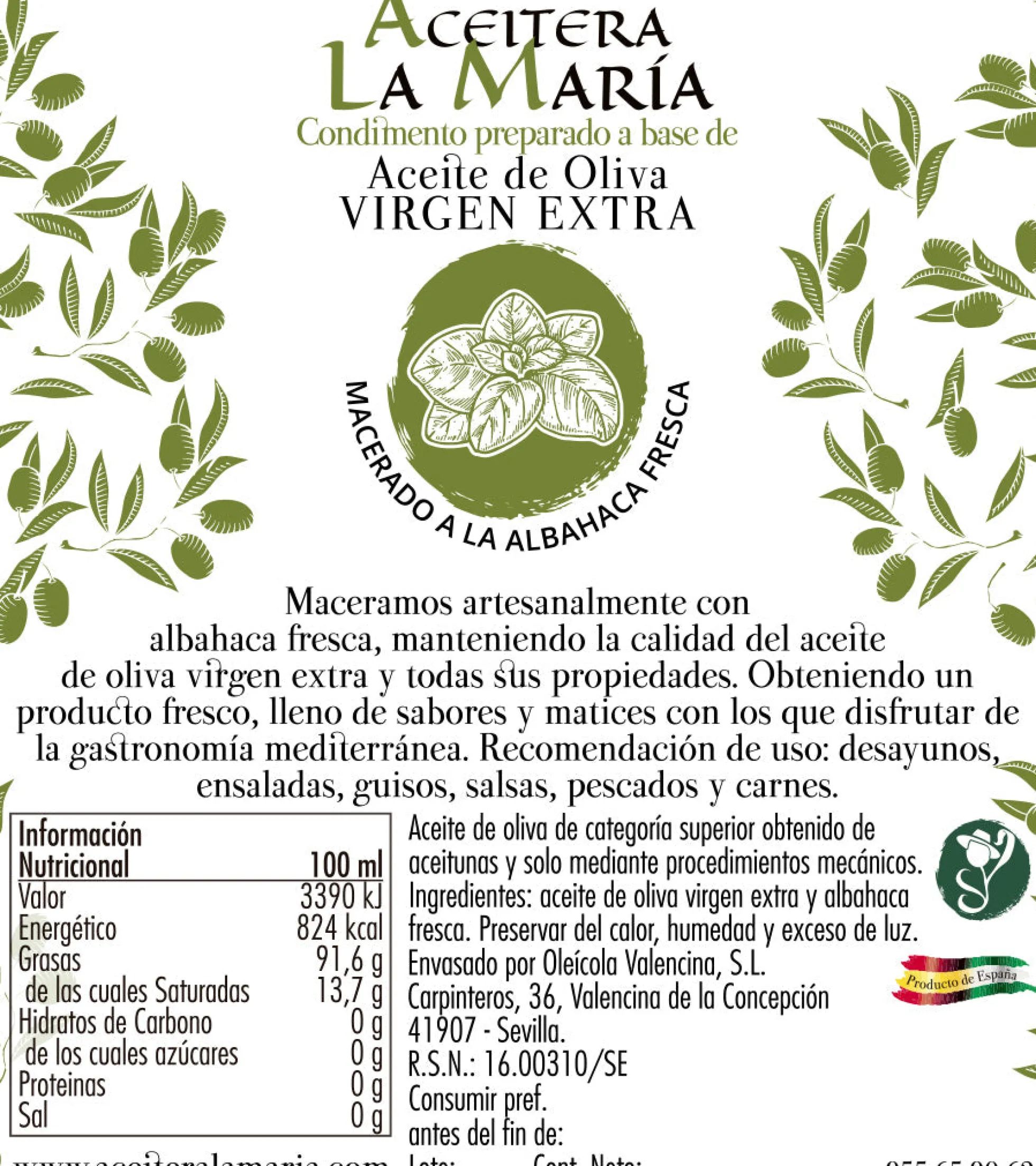 Aceite De Oliva Virgen Extra Macerado A La Albahaca 50 Cl Cristal