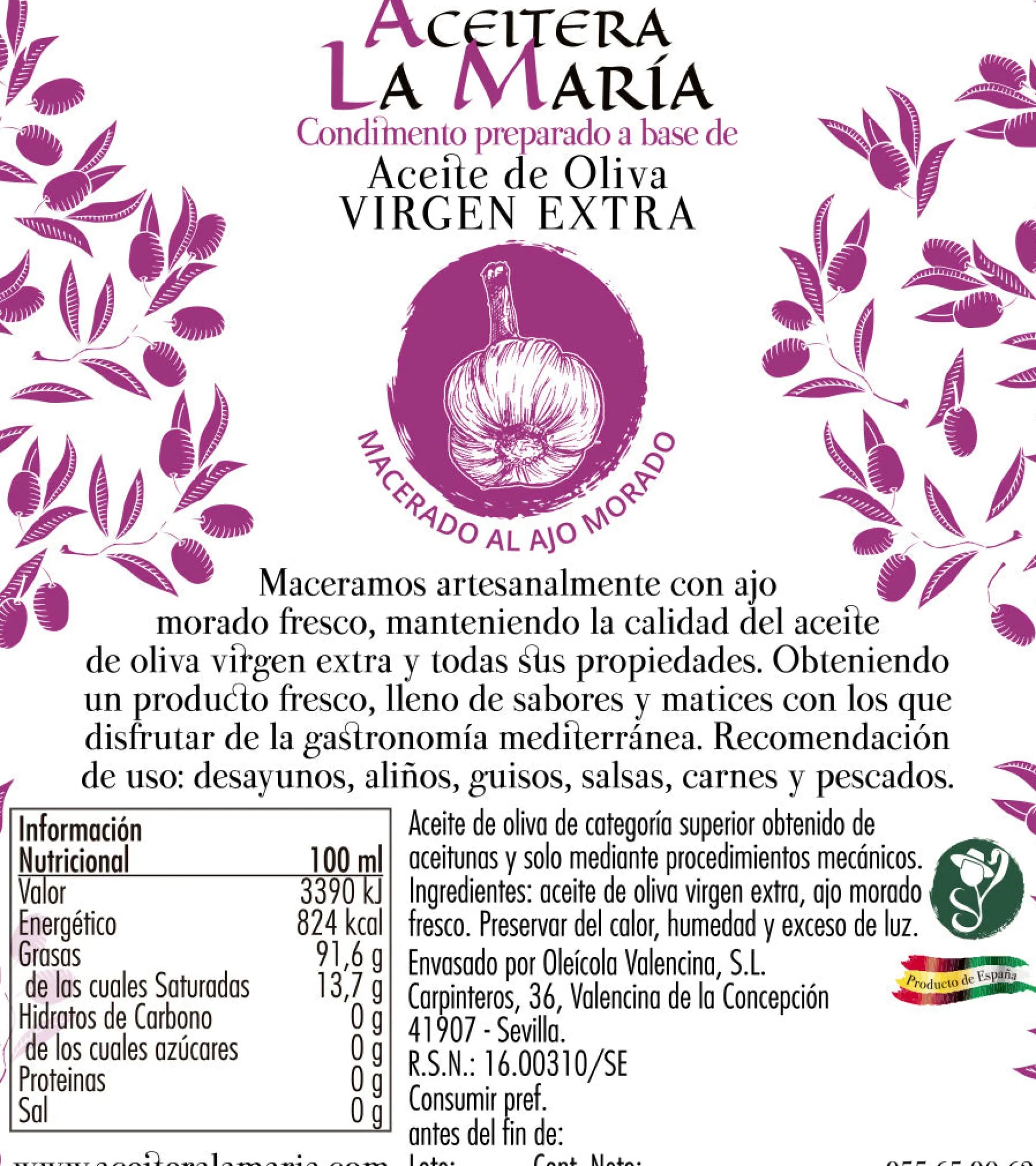 Aceite De Oliva Virgen Extra Macerado Al Ajo Morado 100 Ml Cristal