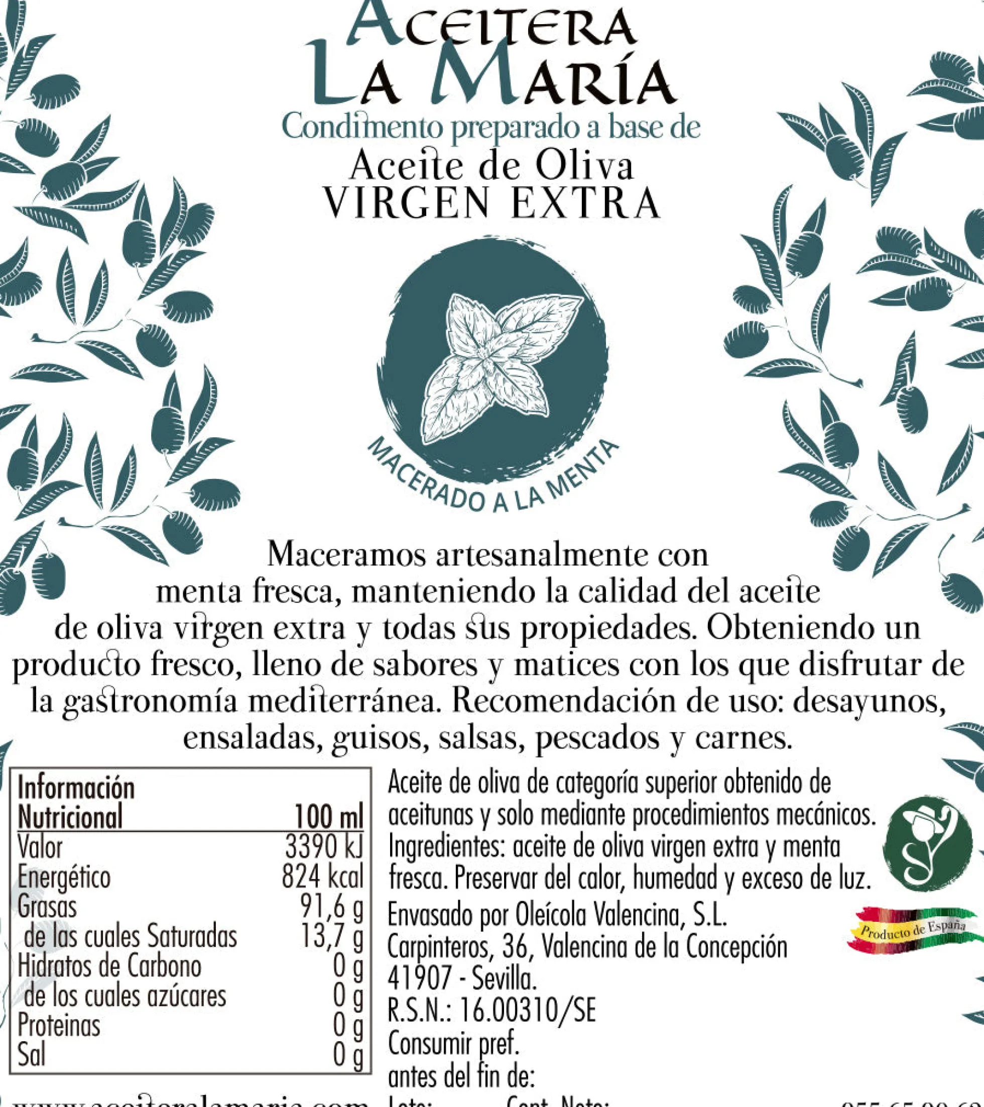 Aceite De Oliva Virgen Extra Macerado A La Menta 50 Cl Cristal