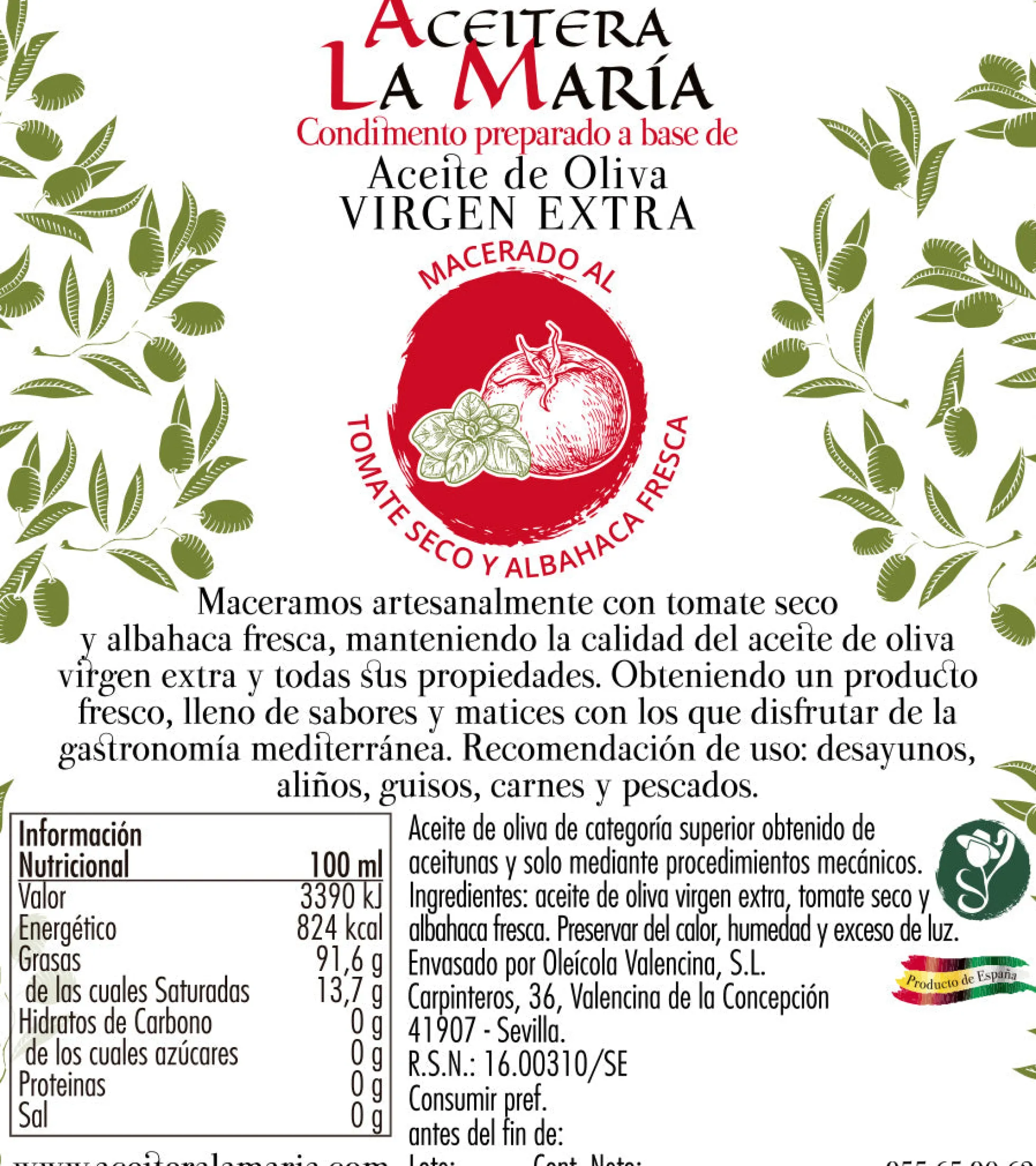 Aceite De Oliva Virgen Extra Macerado Al Tomate Seco Y Albahaca 100 Ml Cristal