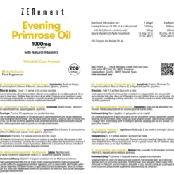Aceite de Onagra, 1000 mg por perla, 10% GLA, prensado en frío Zenement, 200 comprimidos