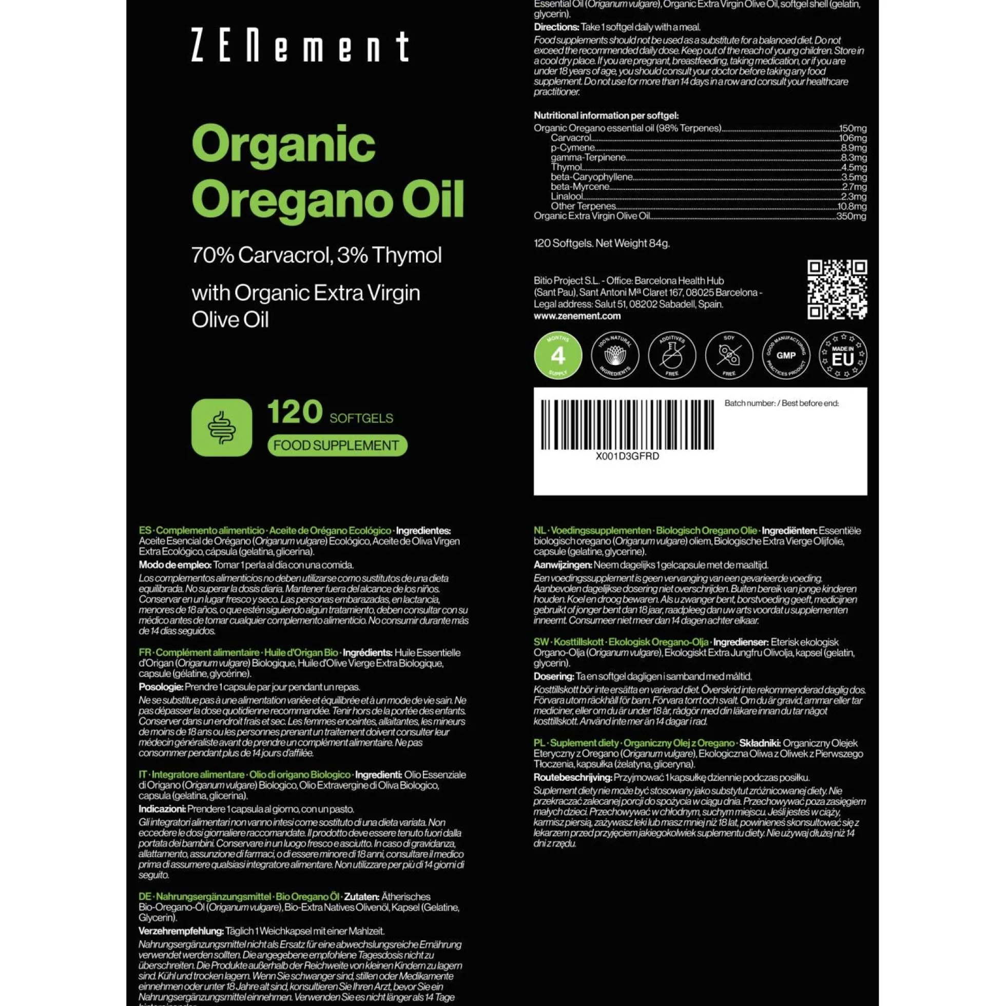 Aceite de orégano, 150 mg Zenement 120 comprimidos