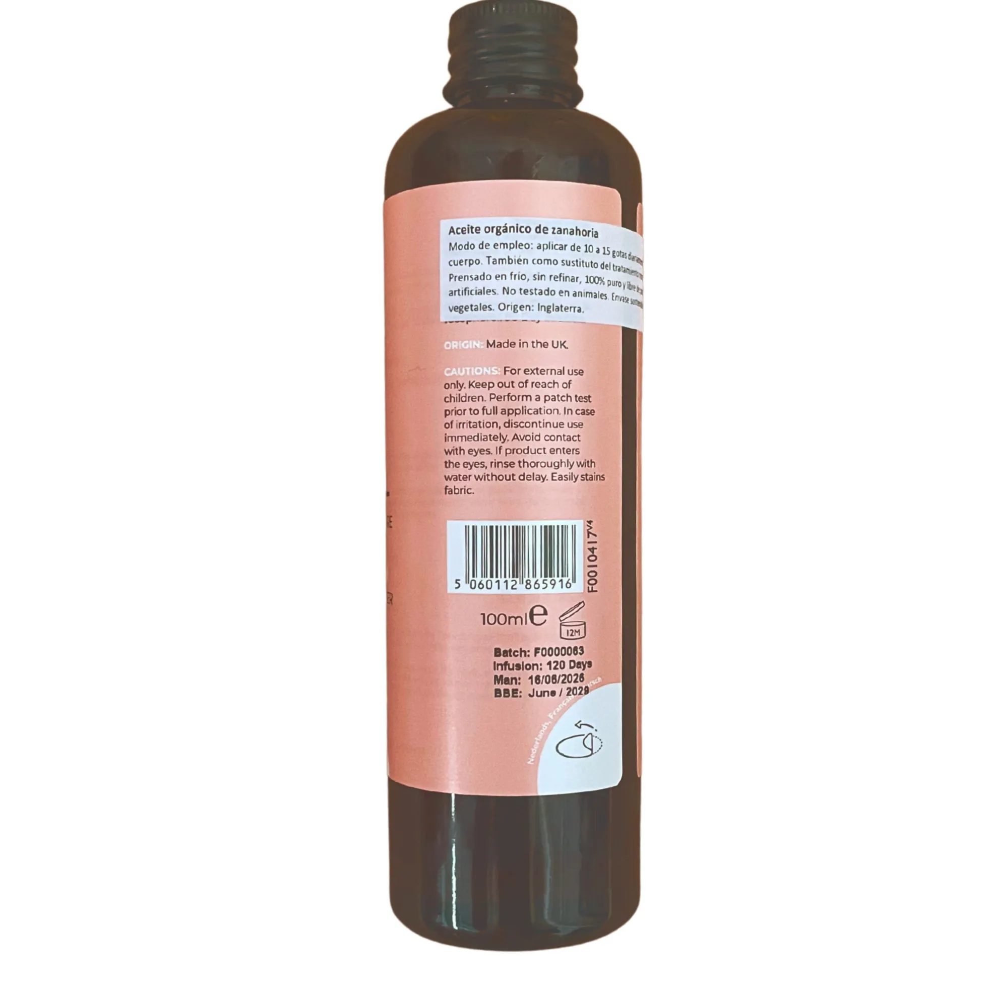 Aceite orgánico de Zanahoria prensado en frío Fushi 100ml