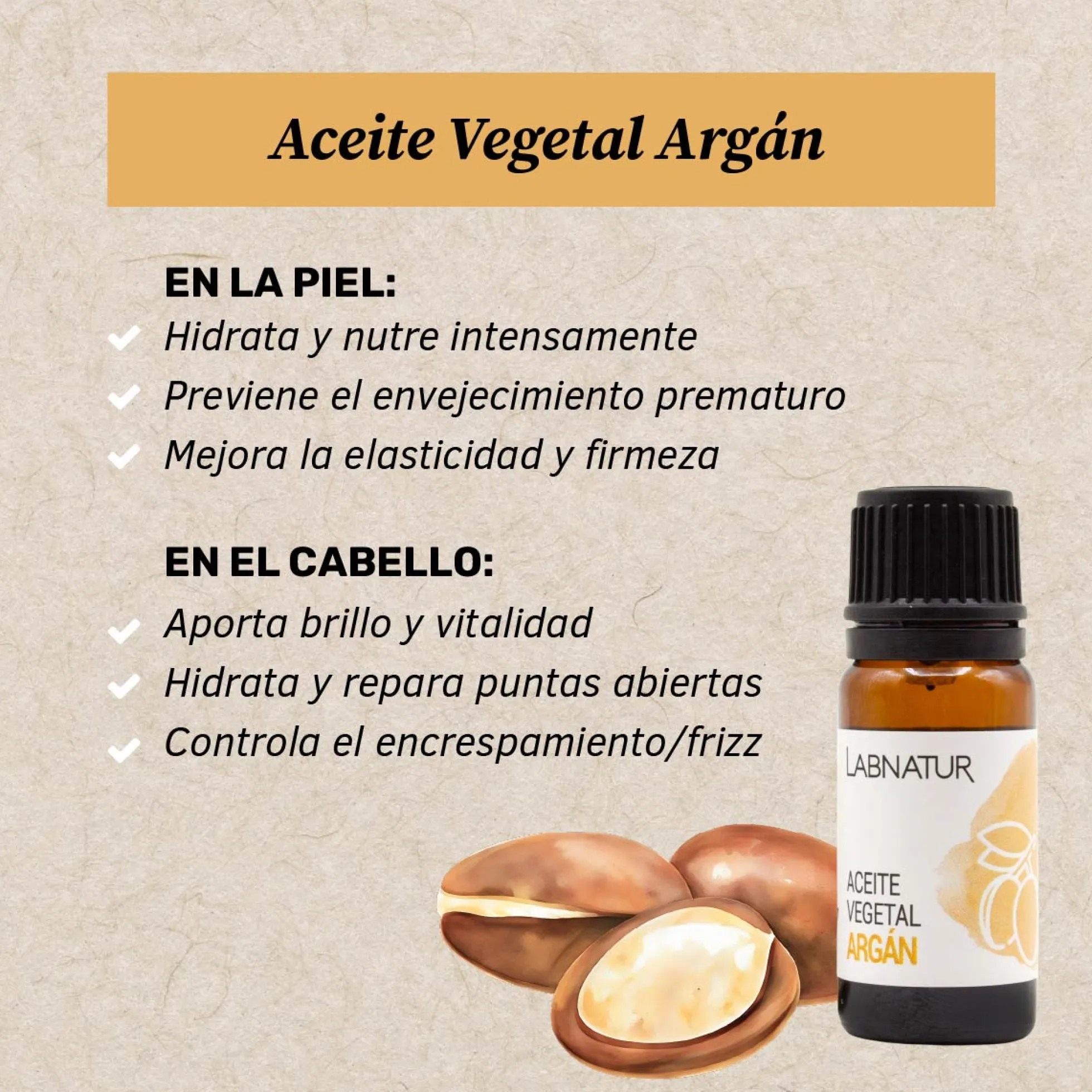 Aceite Vegetal de Argán 100% Puro Labnatur 10 ml | Nutre y Suaviza | Rostro, Cabello, Barba y Uñas | Vegano