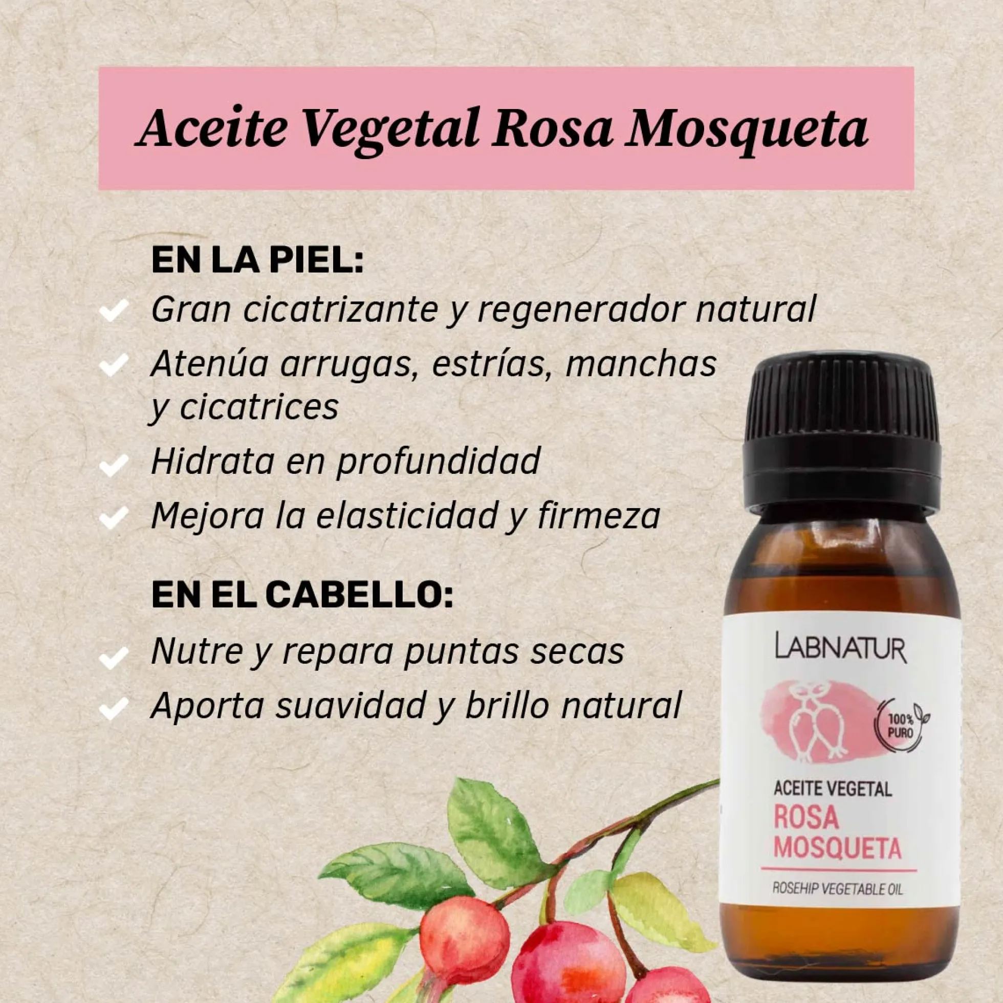 Aceite Vegetal de Rosa Mosqueta 100% Puro Labnatur 50 ml | Regenera y Suaviza | Rostro, Cuerpo y Cabello | Vegano