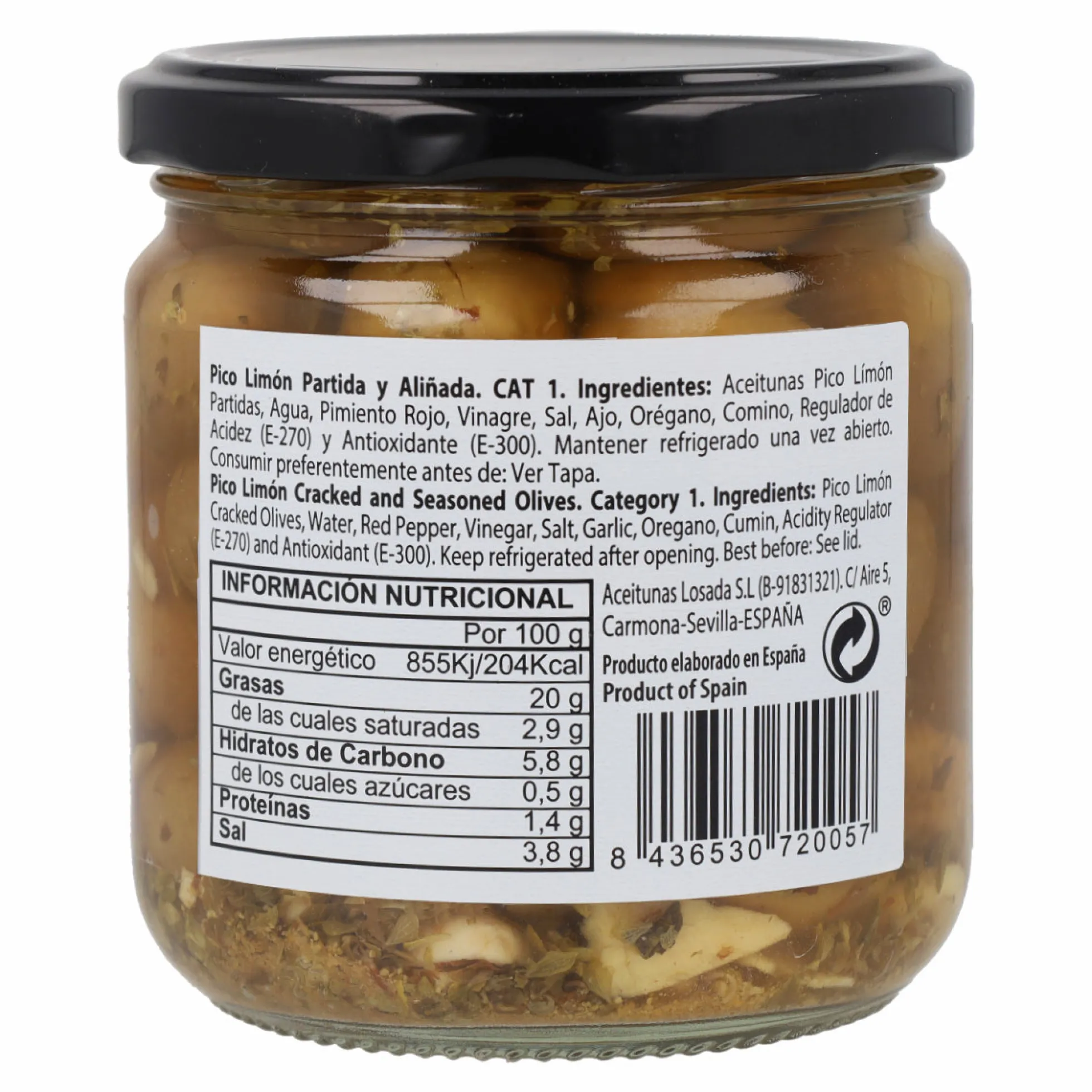 Aceituna Pico Limón partida Aceitunas Losada 345 g