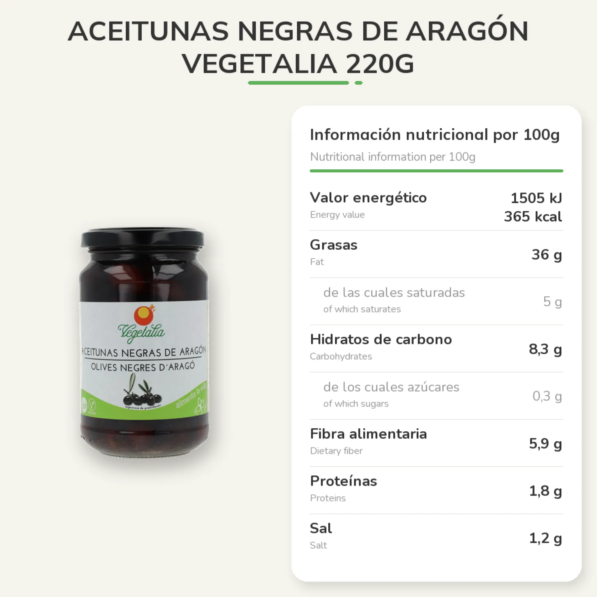 Aceitunas negras de Aragón Vegetalia 220g