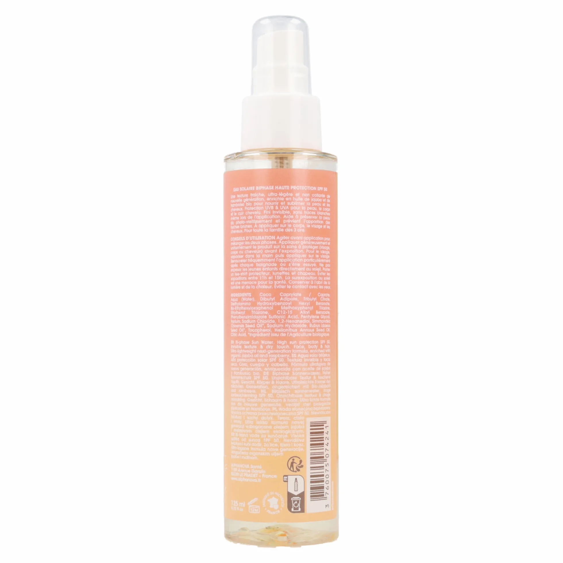 Agua bifásica solar alta protección FPS50 Alphanova 125ml
