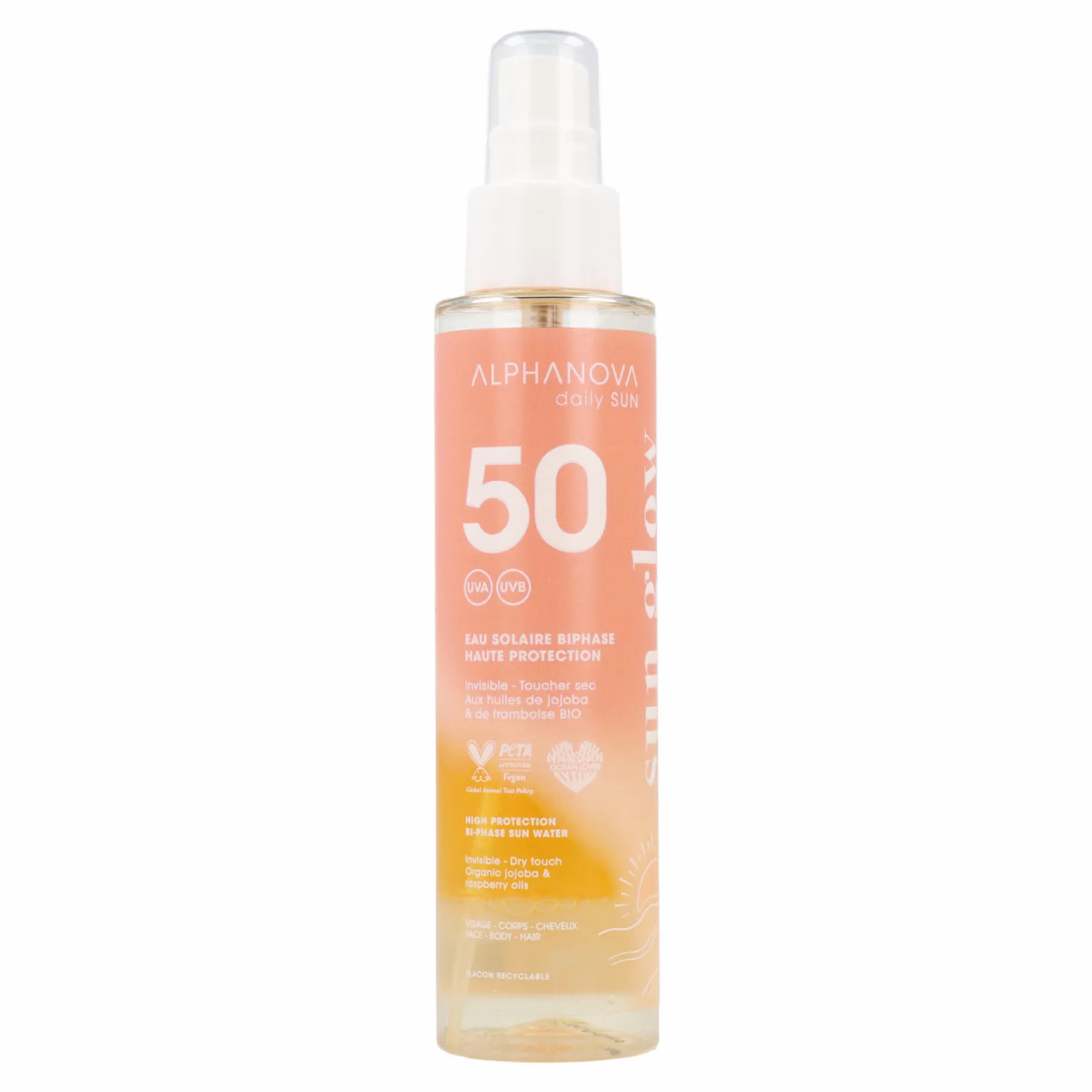 Agua bifásica solar alta protección FPS50 Alphanova 125ml
