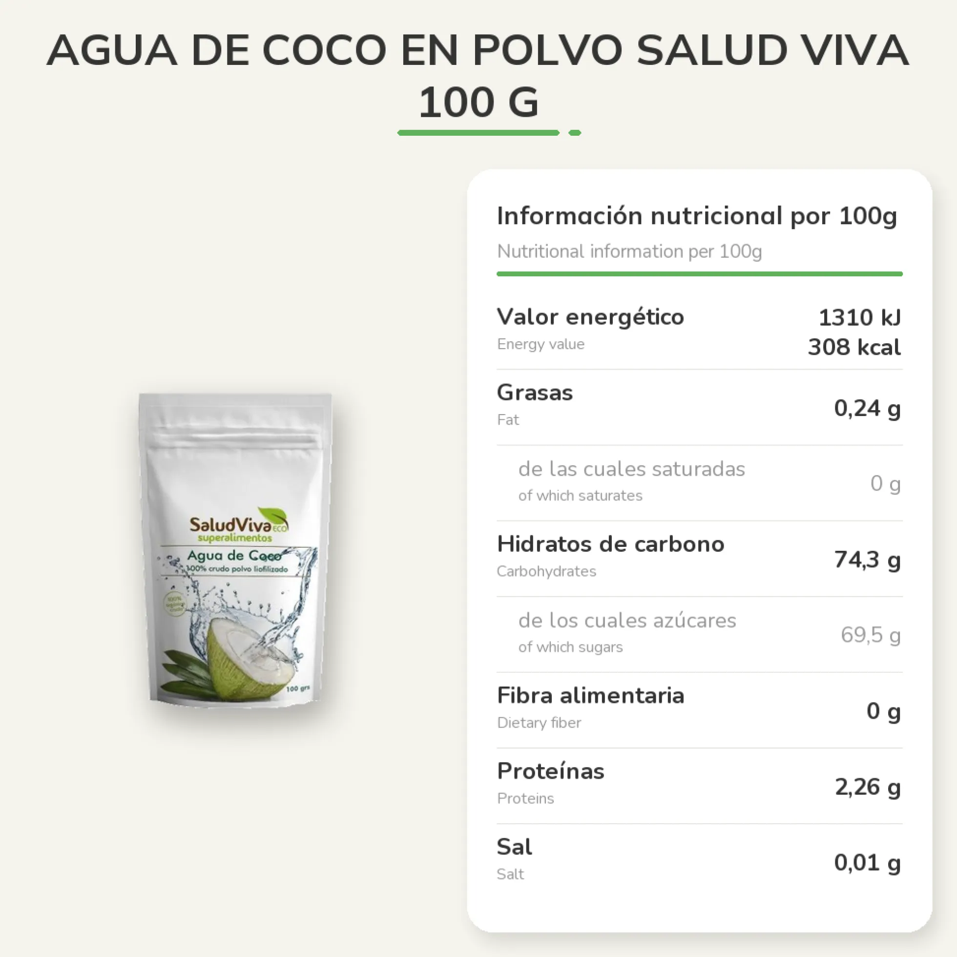 Agua de coco en polvo Salud Viva 100 g