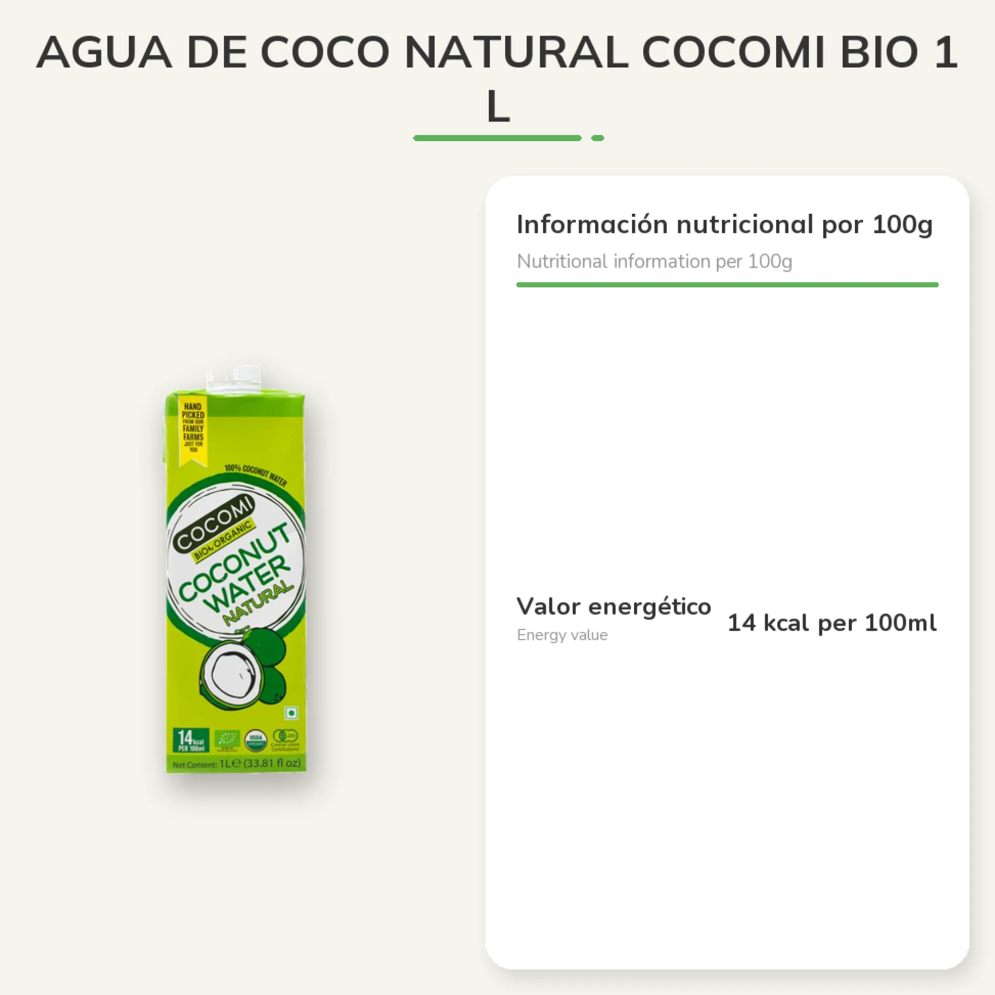 Agua de Coco Natural Cocomi Bio 1 L