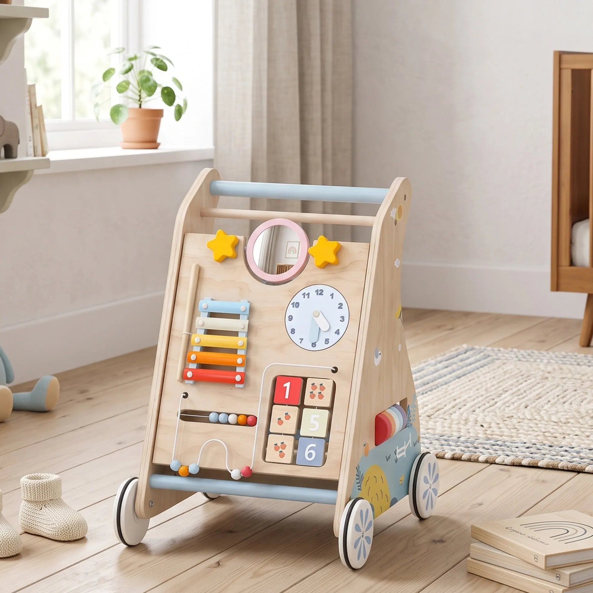 Aiyaplay Andador Madera Bebé 3 En 1 Panel Desmontable De Doble Cara Natural