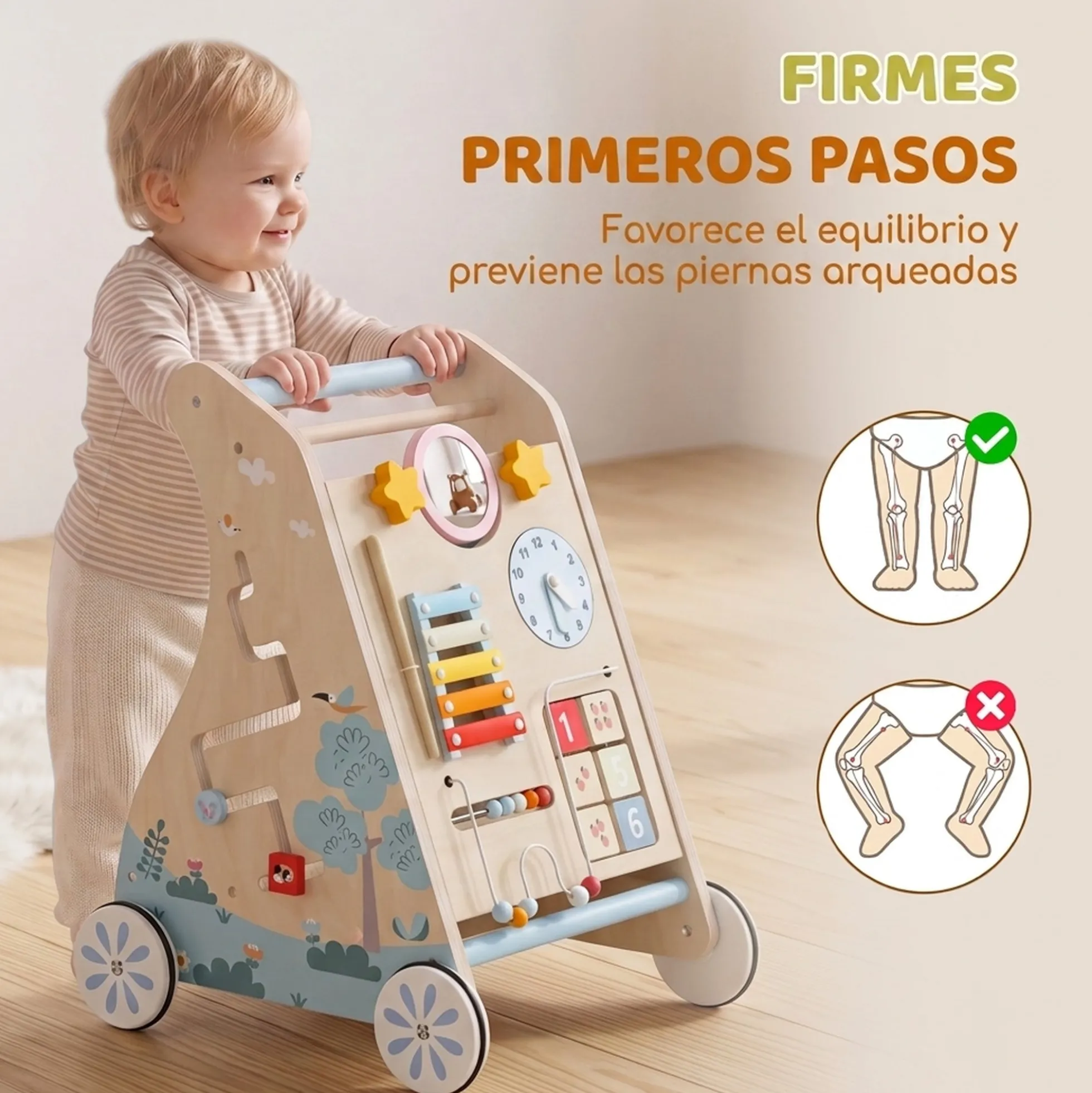 Aiyaplay Andador Madera Bebé 3 En 1 Panel Desmontable De Doble Cara Natural