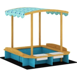 Aiyaplay Arenero Para Niños De Madera Con Techo 3 Bancos 2 Cajas Y Forro Azul