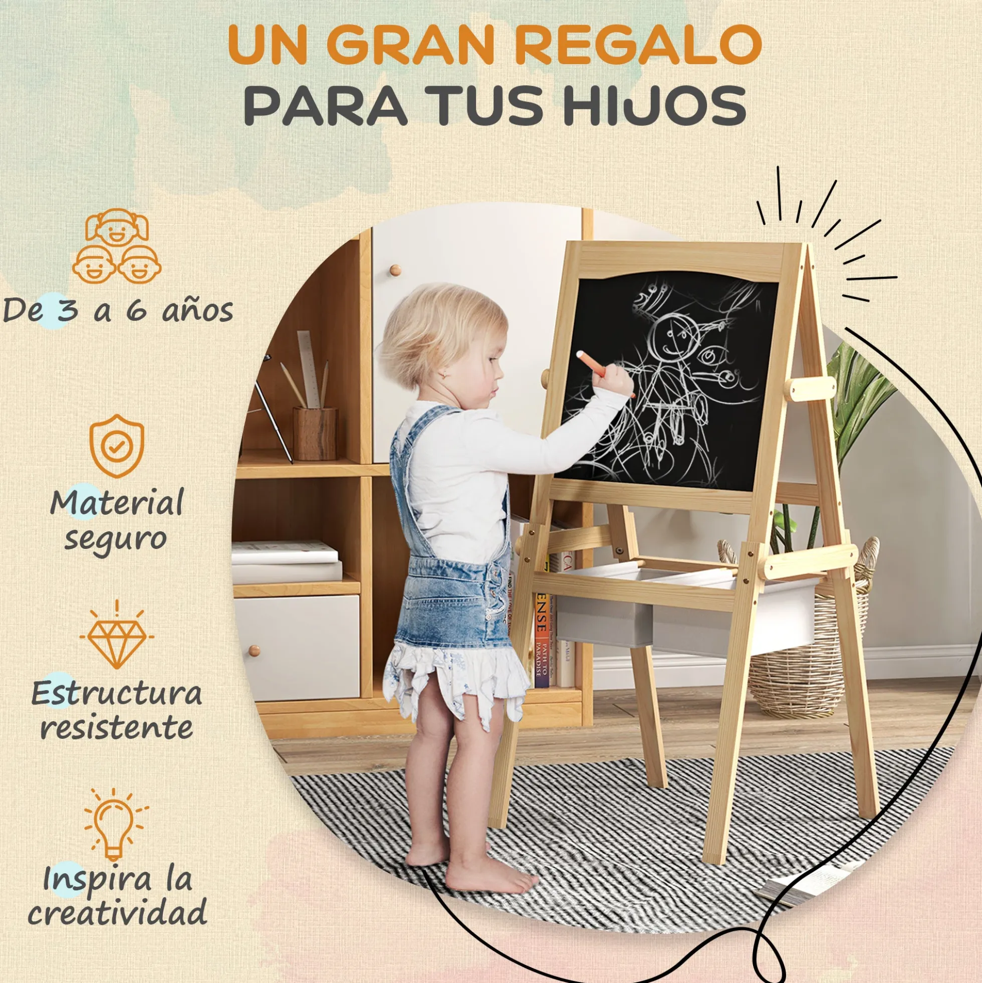 Aiyaplay Caballete Para Niños 3 En 1 Con Rollo De Papel 58x50,5x109 Cm Natural