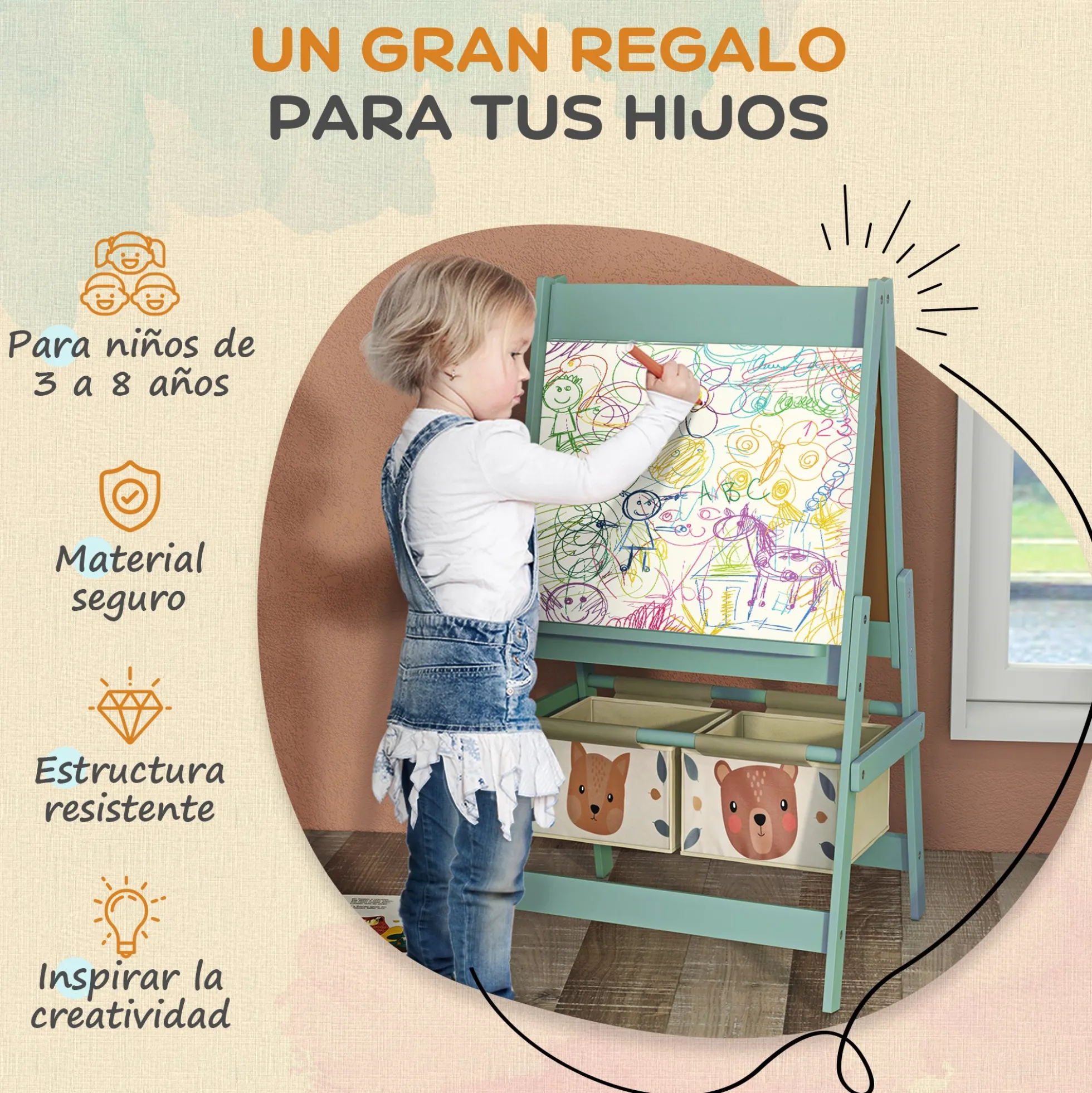 Aiyaplay Caballete Para Niños 3 En 1 Doble Cara Rollo Papel 54x46,5x93 Cm Verde