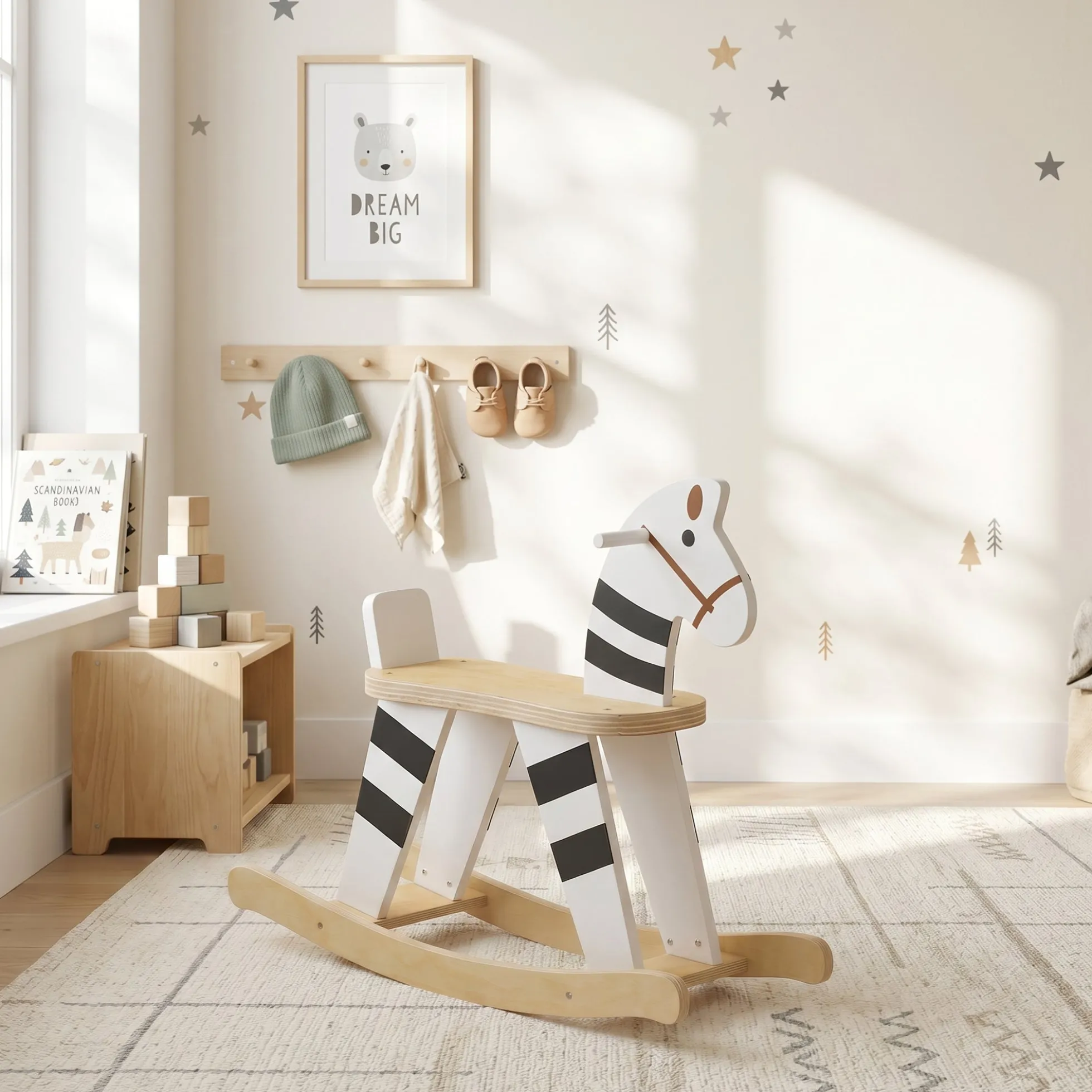 Aiyaplay Caballito Balancín Para Bebés Con Base De Madera Negro Y Blanco