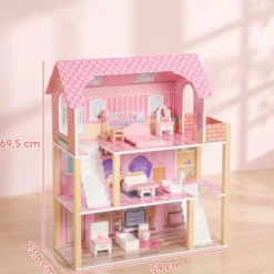 Aiyaplay Casa De Muñecas De Madera 3 Pisos Con Balcón Escaleras 10 Muebles Rosa