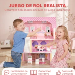 Aiyaplay Casa De Muñecas De Madera 3 Pisos Con Balcón Escaleras 10 Muebles Rosa