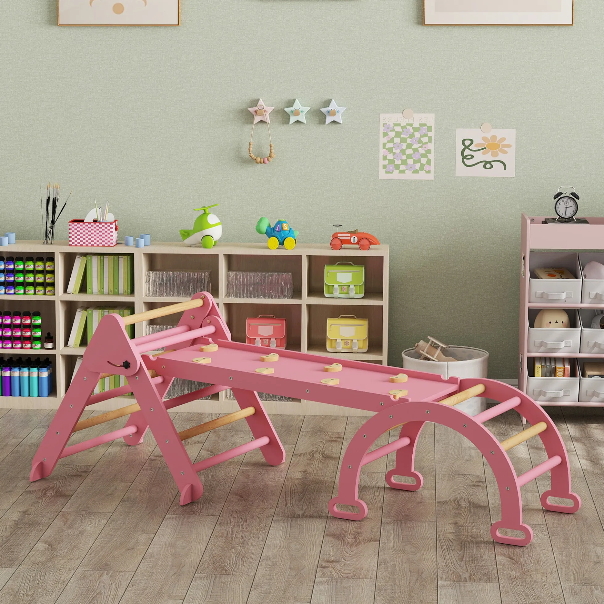 Aiyaplay 7 En 1 Triángulo De Escalada Montessori Con Arco Y Rampa 188x70 Cm Rosa