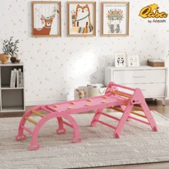 Aiyaplay 7 En 1 Triángulo De Escalada Montessori Con Arco Y Rampa 188x70 Cm Rosa