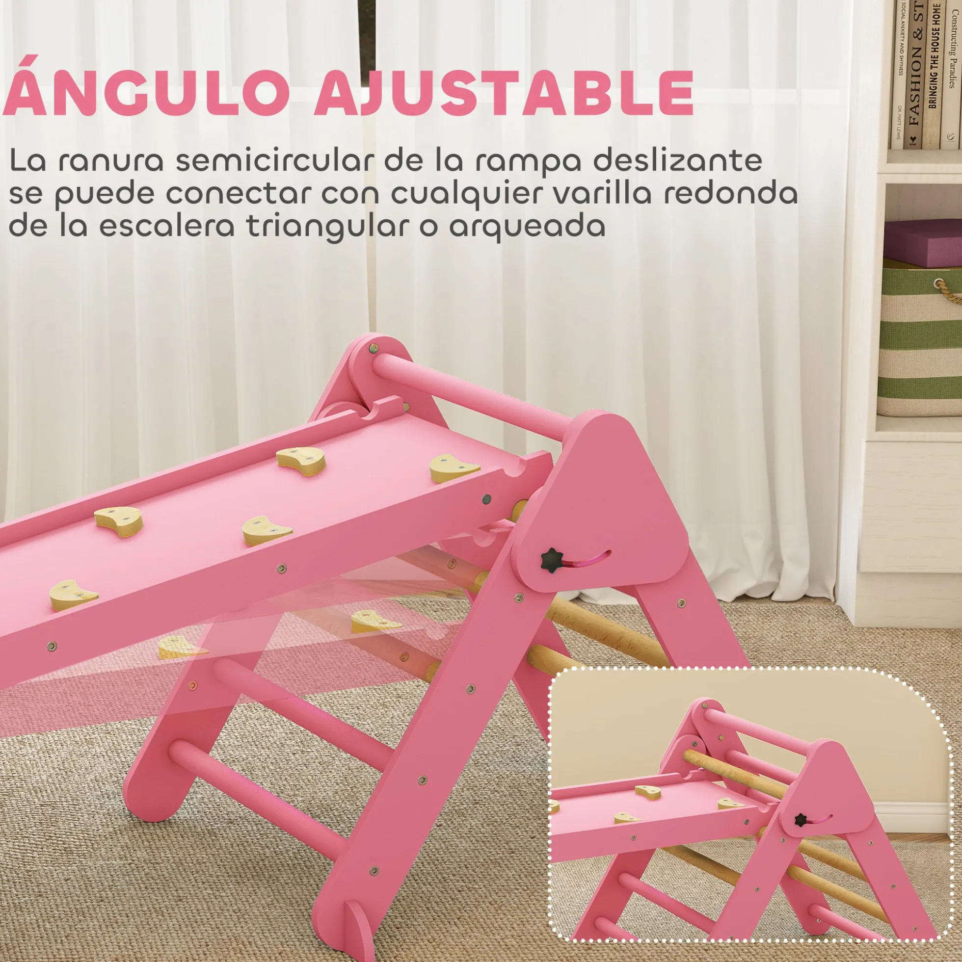 Aiyaplay 7 En 1 Triángulo De Escalada Montessori Con Arco Y Rampa 188x70 Cm Rosa