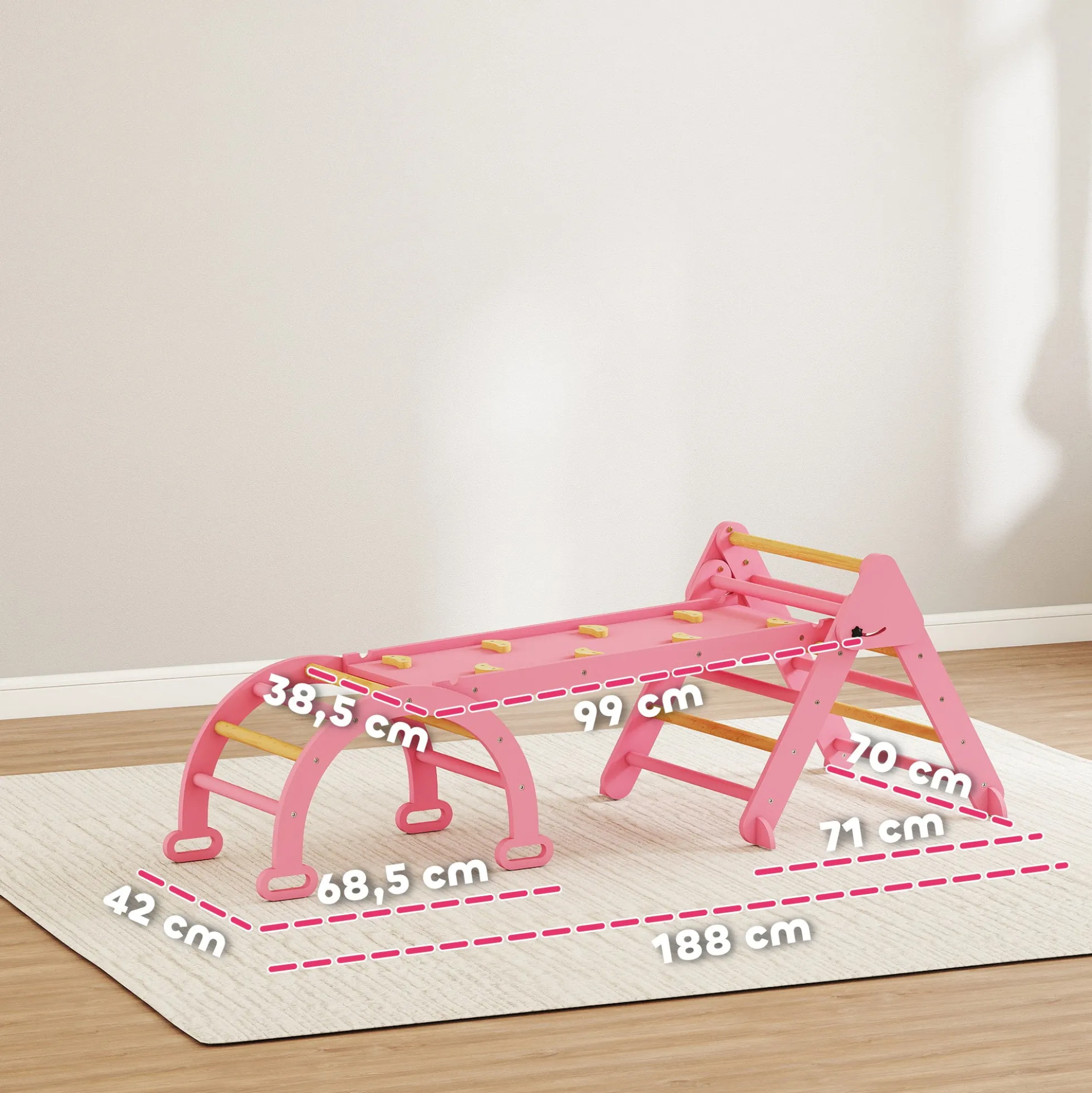 Aiyaplay 7 En 1 Triángulo De Escalada Montessori Con Arco Y Rampa 188x70 Cm Rosa