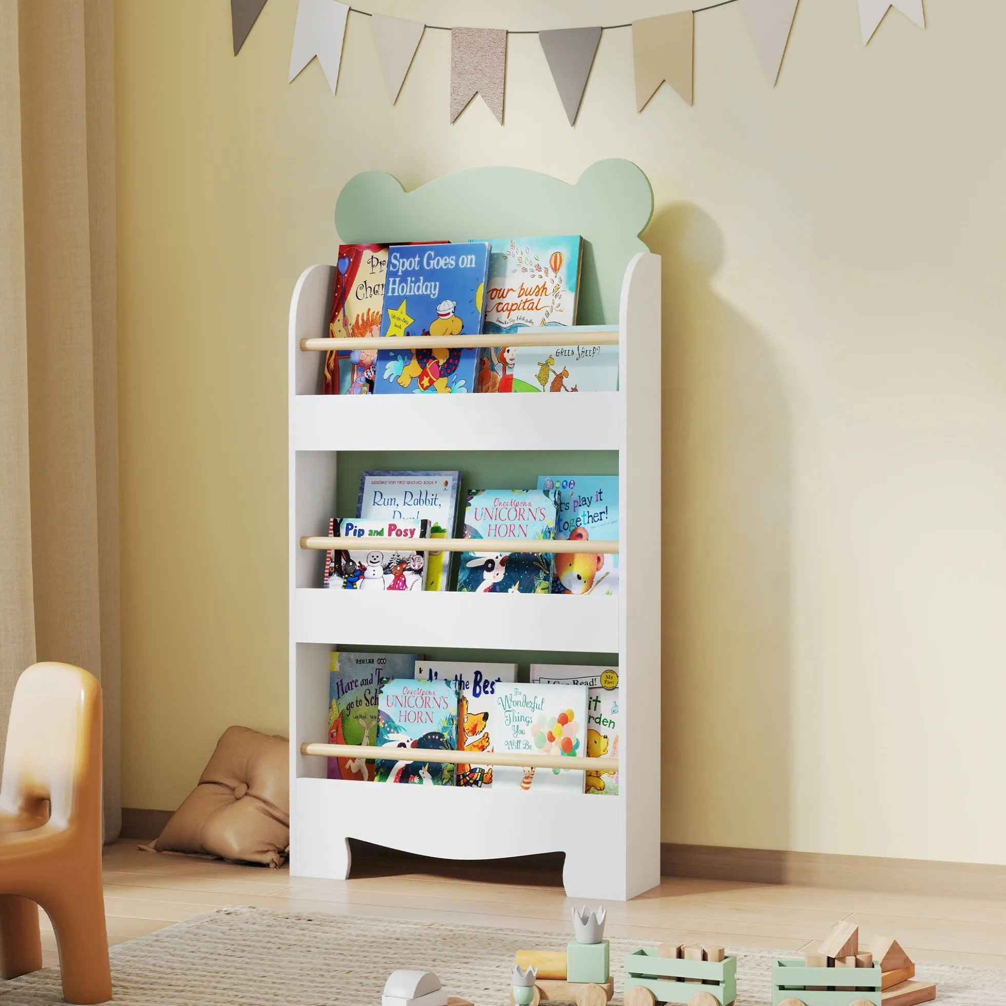 Aiyaplay Librería Infantil De 3 Niveles Diseño De Osito Verde