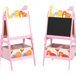 Aiyaplay Pizarra Infantil Caballete 2 En 1 Con 2 Cajas De Tela Rosa