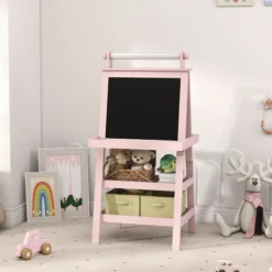Aiyaplay Pizarra Infantil Caballete 3 En 1 Con Rollo De Papel Y Cestas Rosa