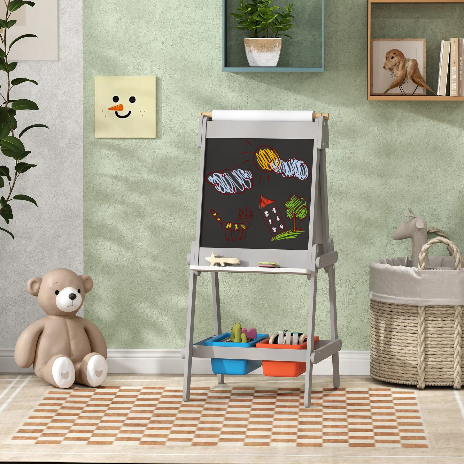 Aiyaplay Pizarra Infantil De Doble Cara Con Rollo De Papel Gris