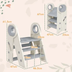 Aiyaplay Taburete Para Niños Plegable Y Ajustable Con Asa Gris Y Blanco