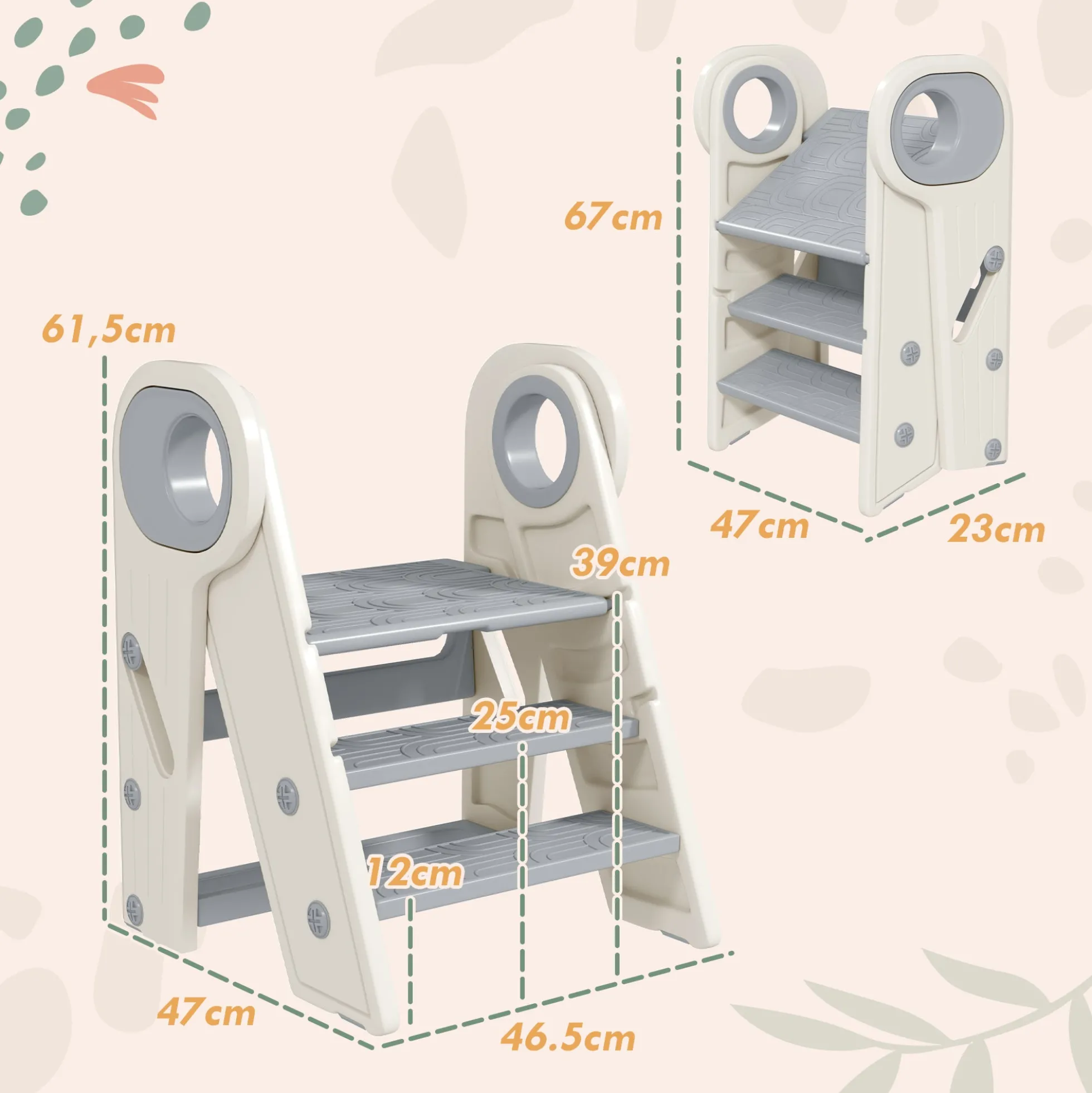Aiyaplay Taburete Para Niños Plegable Y Ajustable Con Asa Gris Y Blanco