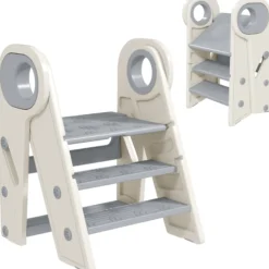 Aiyaplay Taburete Para Niños Plegable Y Ajustable Con Asa Gris Y Blanco
