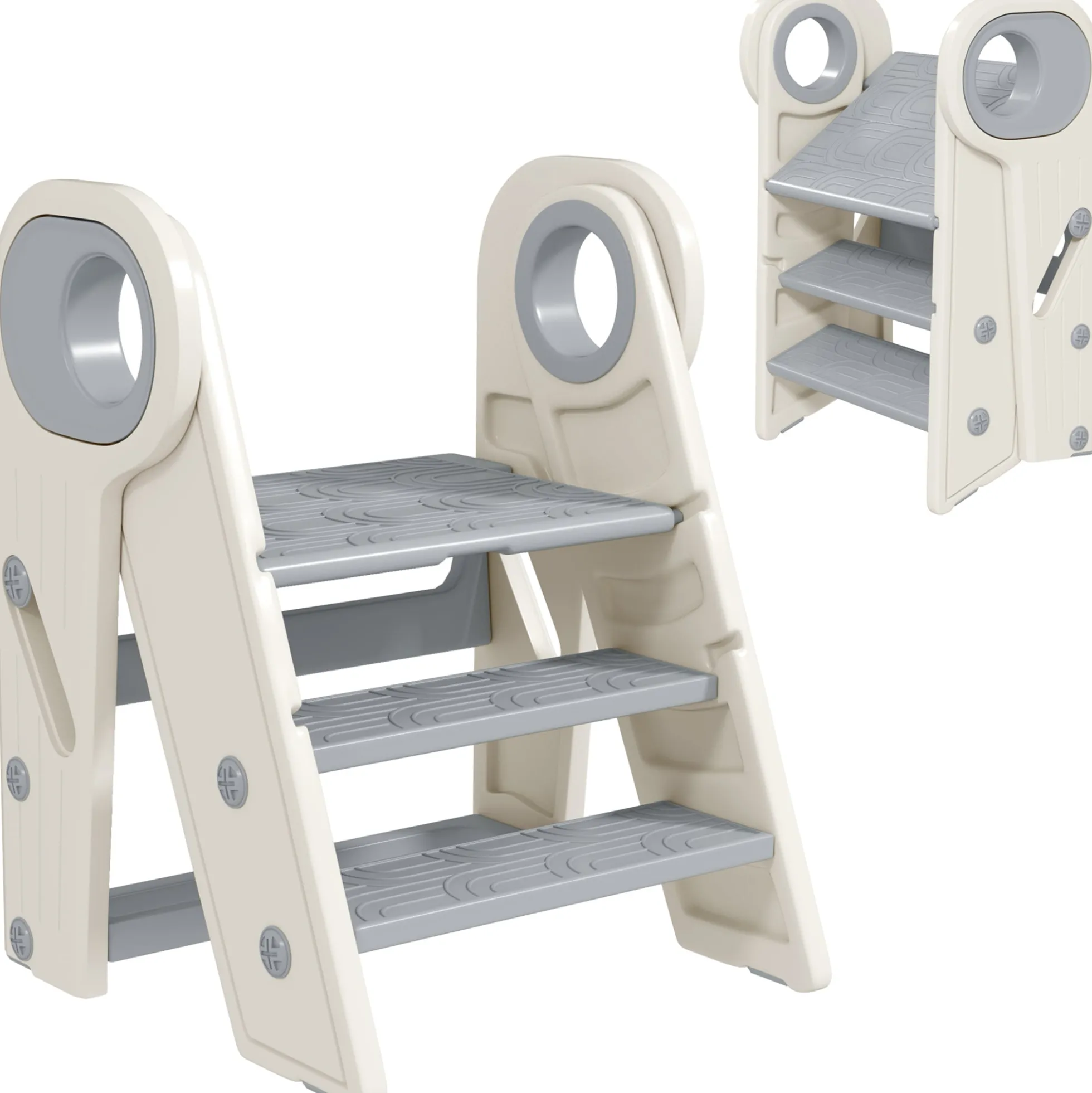 Aiyaplay Taburete Para Niños Plegable Y Ajustable Con Asa Gris Y Blanco