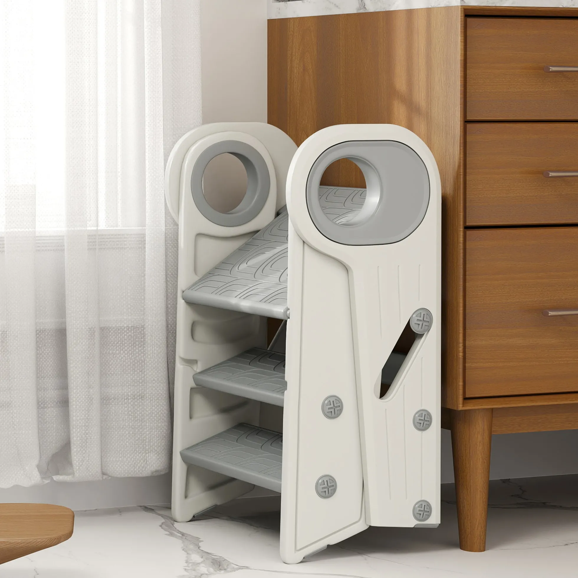 Aiyaplay Taburete Para Niños Plegable Y Ajustable Con Asa Gris Y Blanco