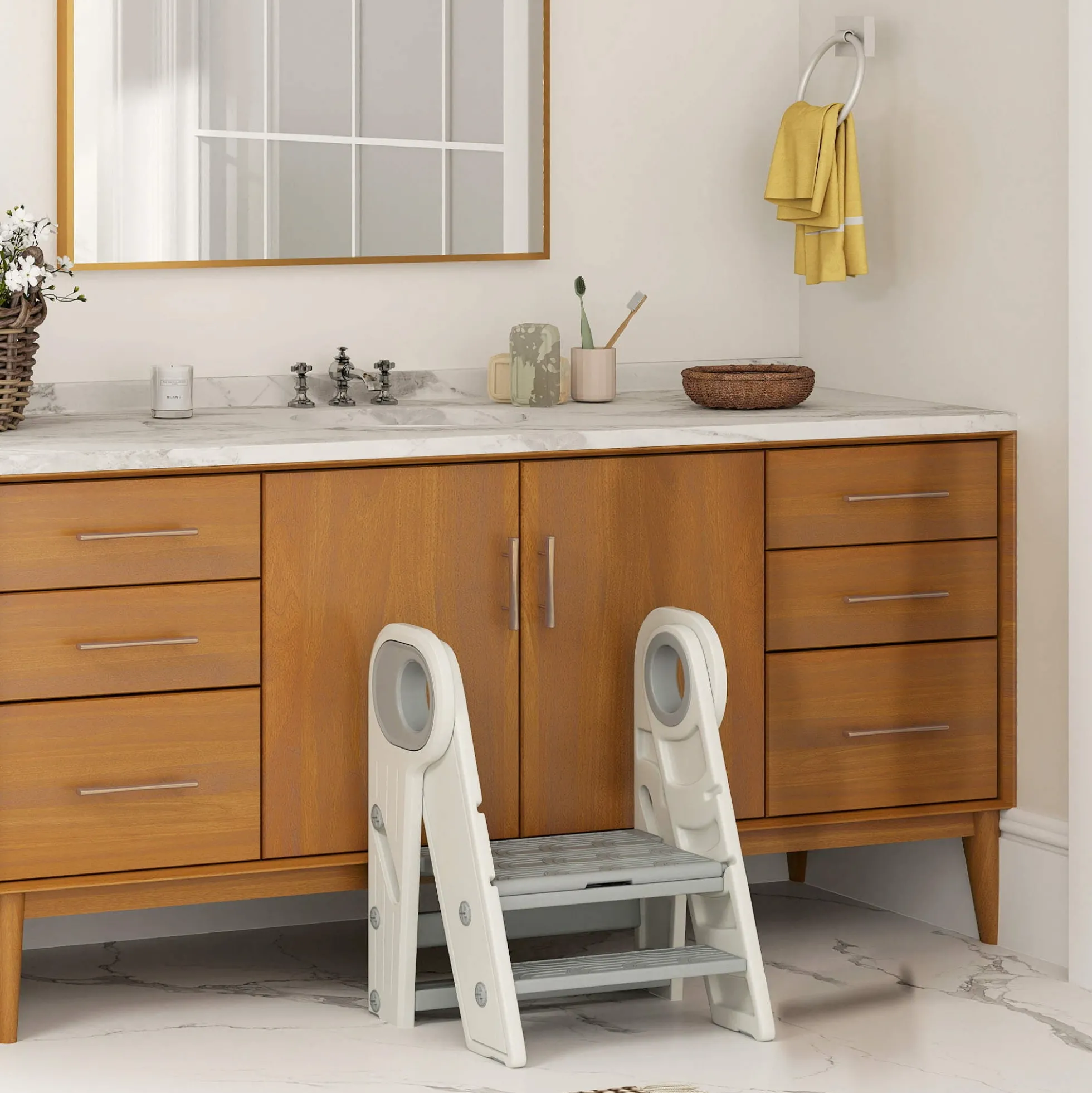 Aiyaplay Taburete Para Niños Plegable Y Ajustable Con Asa Gris Y Blanco